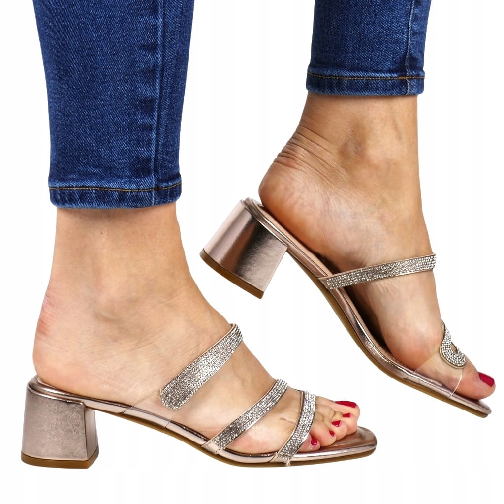 Dámské boty Nazouváky Na Podpatku Transparentní Pásky Zirkony Měděné