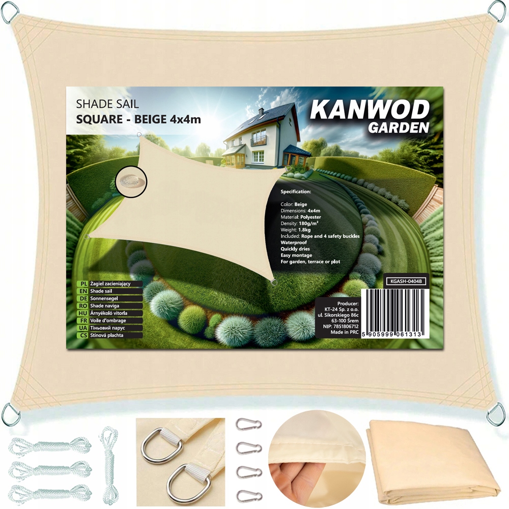 Żagiel Przeciwsłoneczny Wodoodporny Ogrodowy Prostokąt Taras Balkon 4x4m