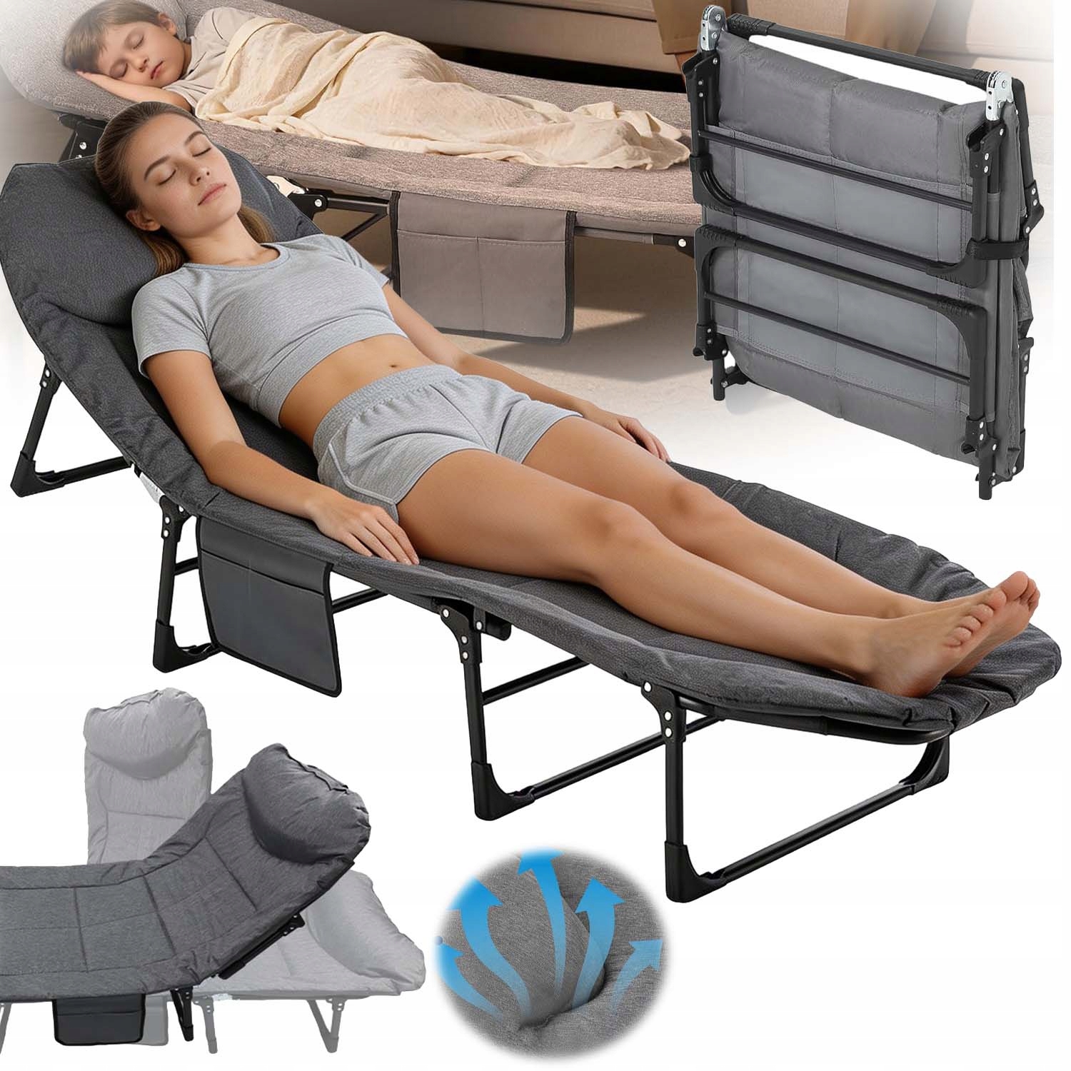Polní Postel Turistické Skládací Lehátko Lehátko 2V1 Přenosné Silné Šedé