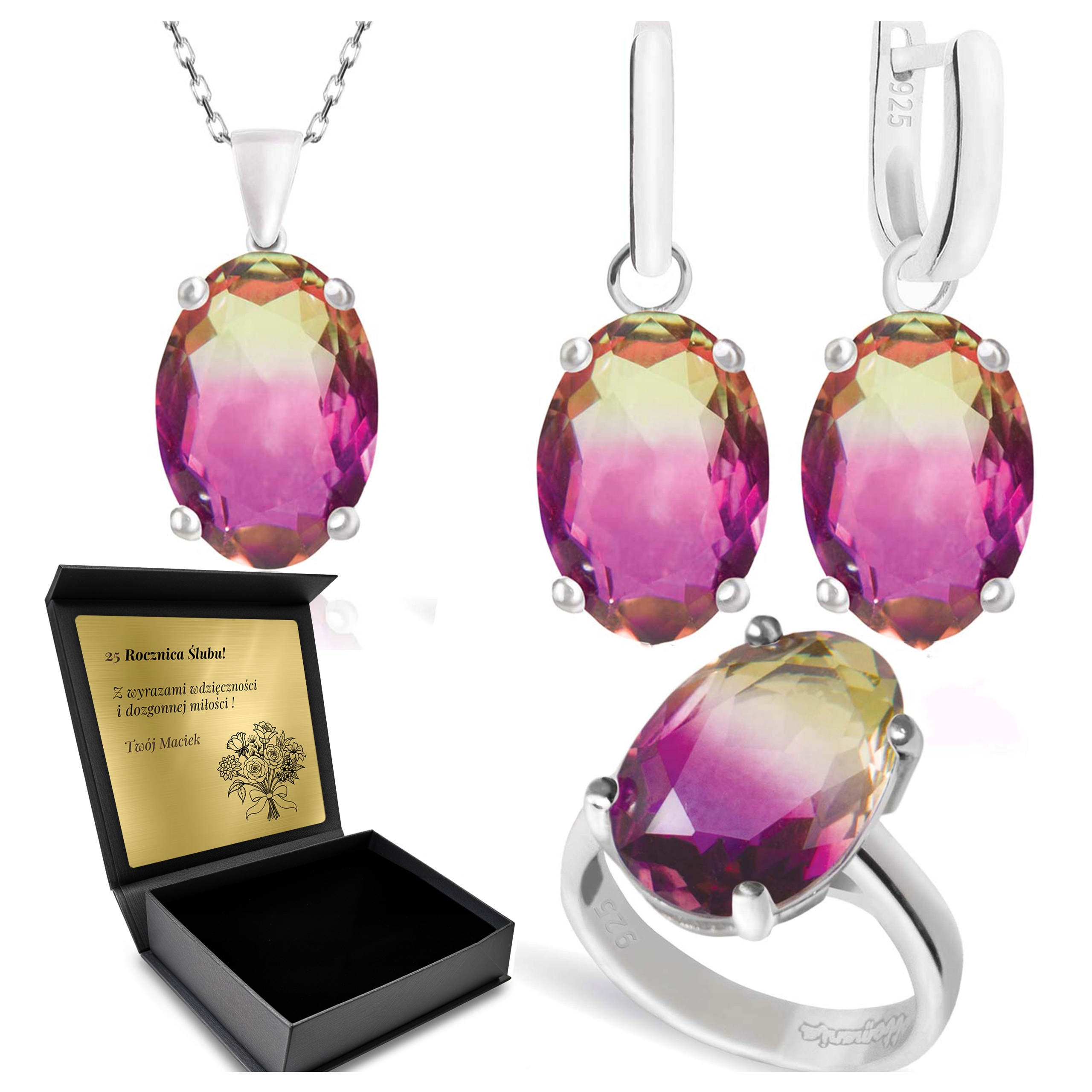 Komplet Stříbrných Šperků 925 Ametryna Dárek pro ženu Gravírování Bonus