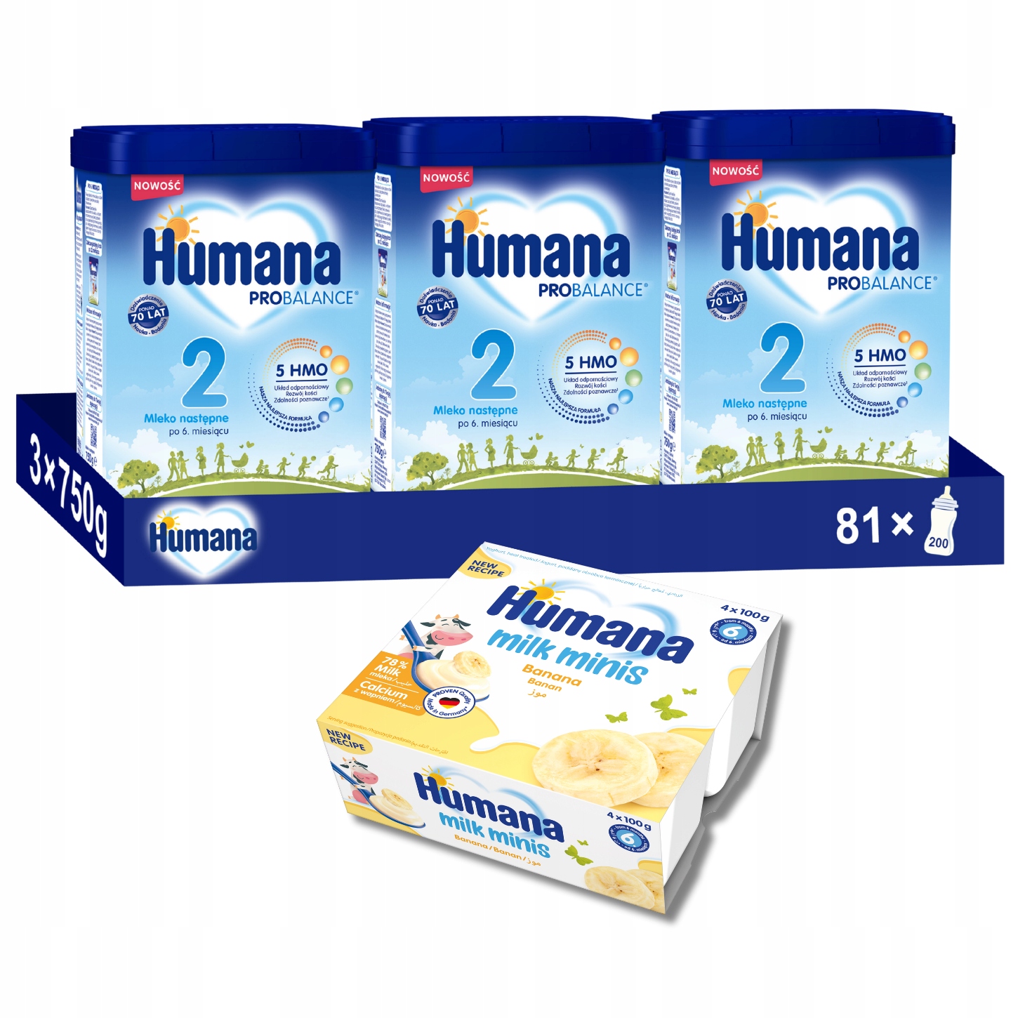 Zestaw Humana 2 5HMO mleko następne po 6 m-cu 3x750g 1 deserek bananowy