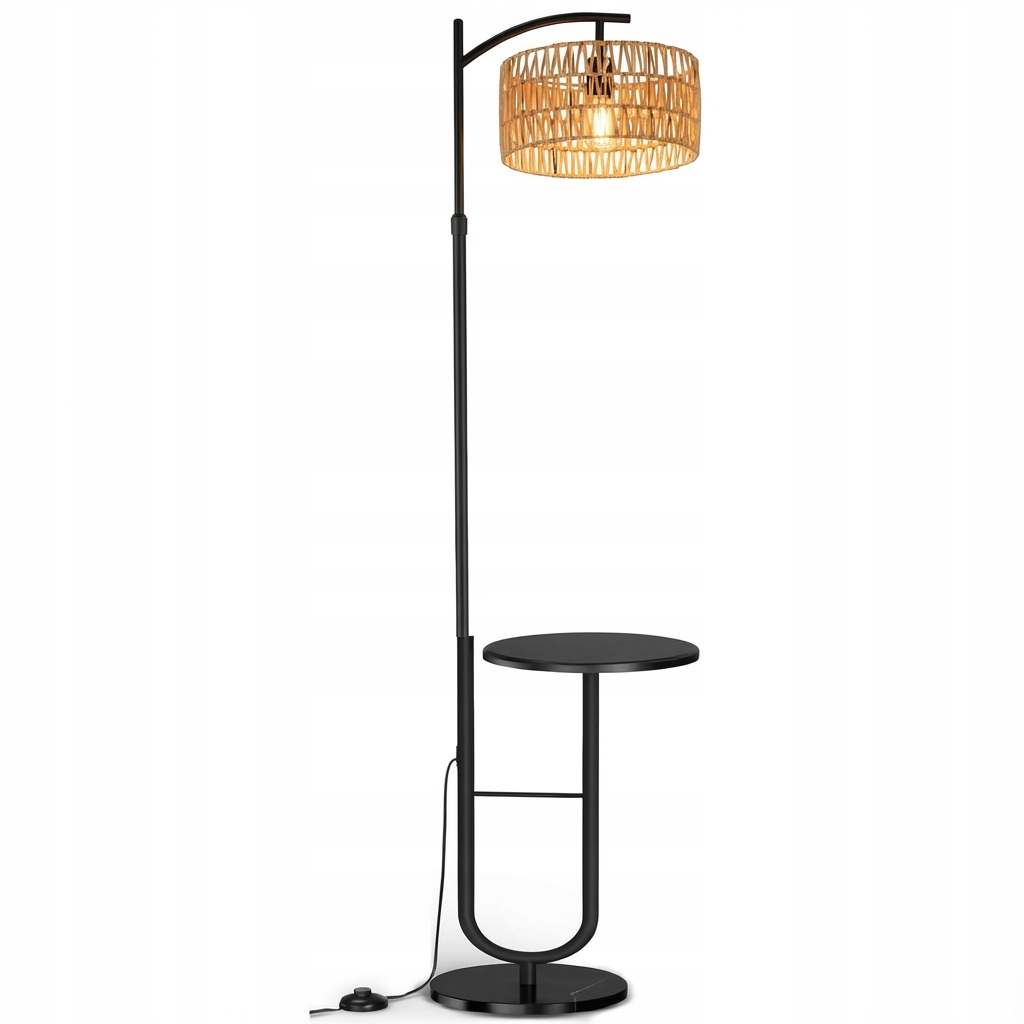 Boho Podlahová Lampa S Ratanovým Tienidlom A Poličkou E27 176 CM