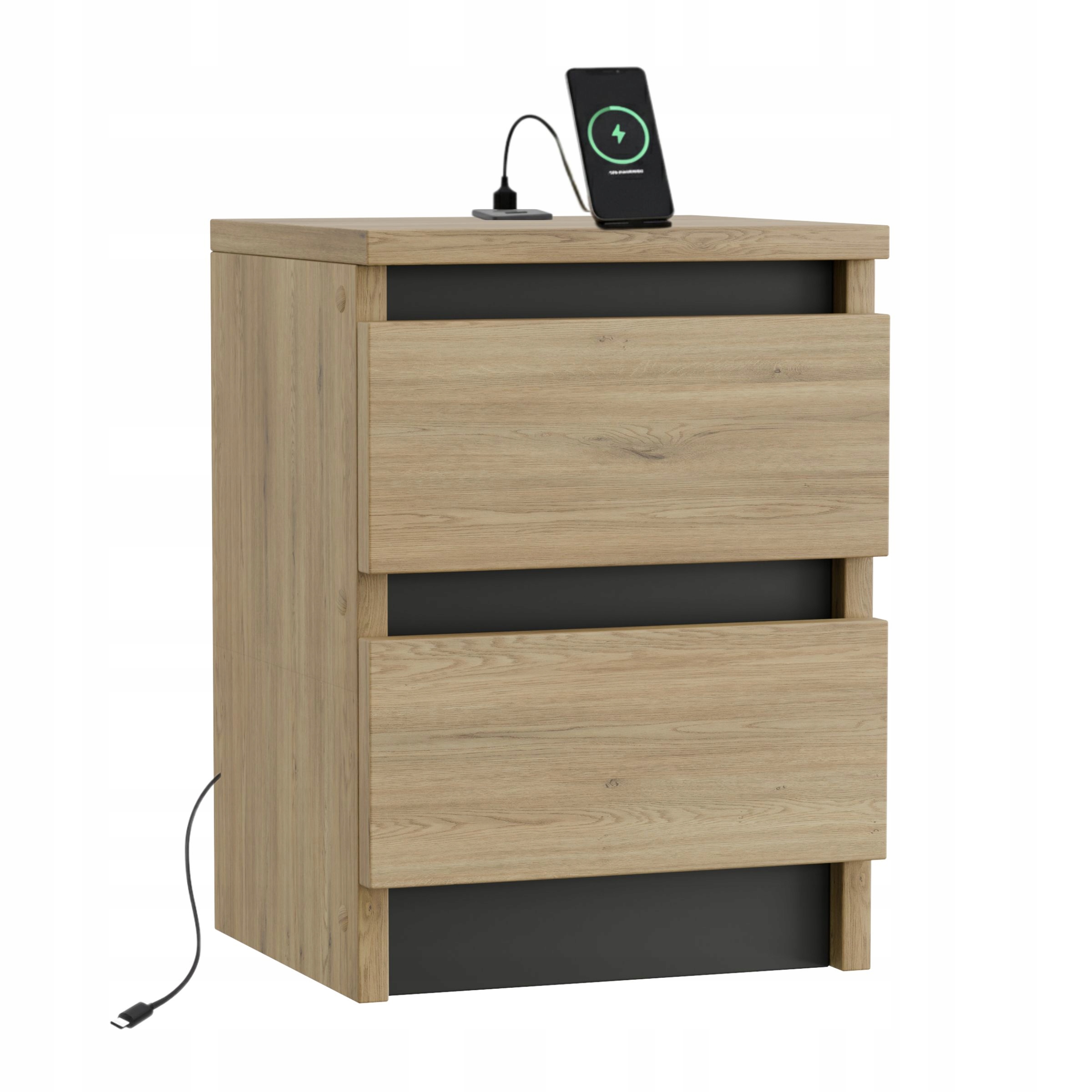 Noční Stolek Dub 30 CM S Portem Usb/usb C, Dvě Zásuvky, Černé Loftové Prvky