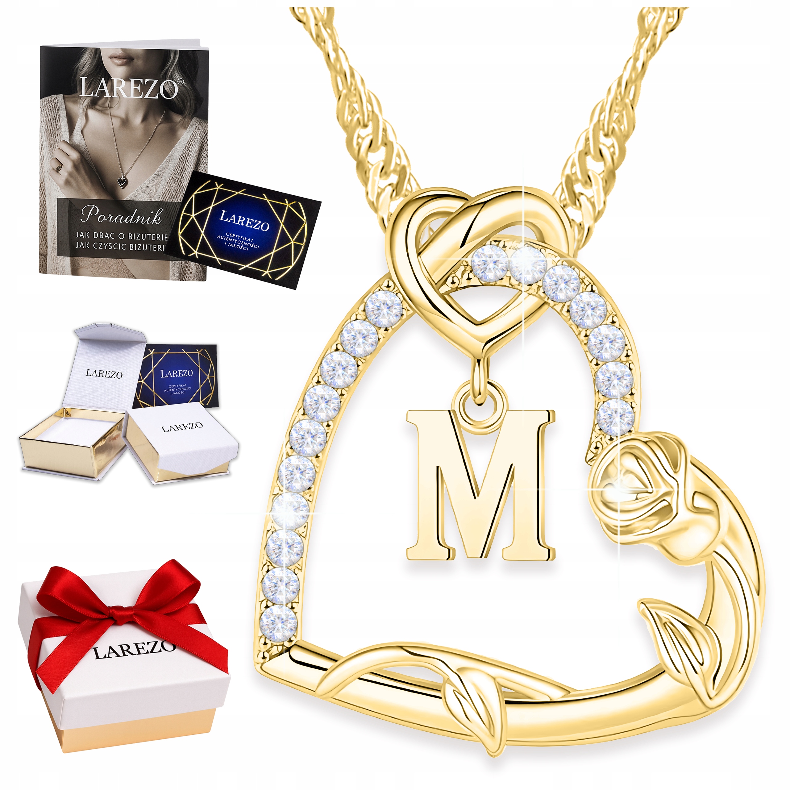 Zlatý náhrdelník 14K Srdce s písmenem Stříbro 925 Love Písmeno M Pozlacený 585