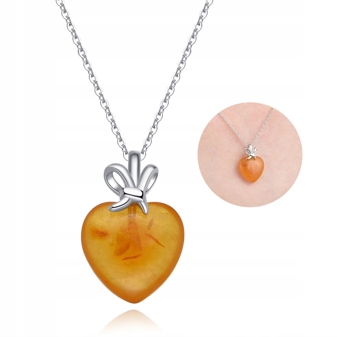 Náhrdelník Stříbrné srdce Řetízek Dámský s přívěskem Jantar Stříbro 925