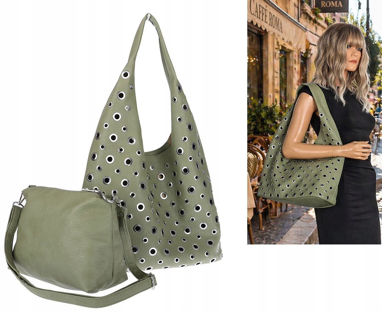 Dámská shopper kabelka 2v1 taška kabelka přes rameno s cvočky taška 3505 Zelená