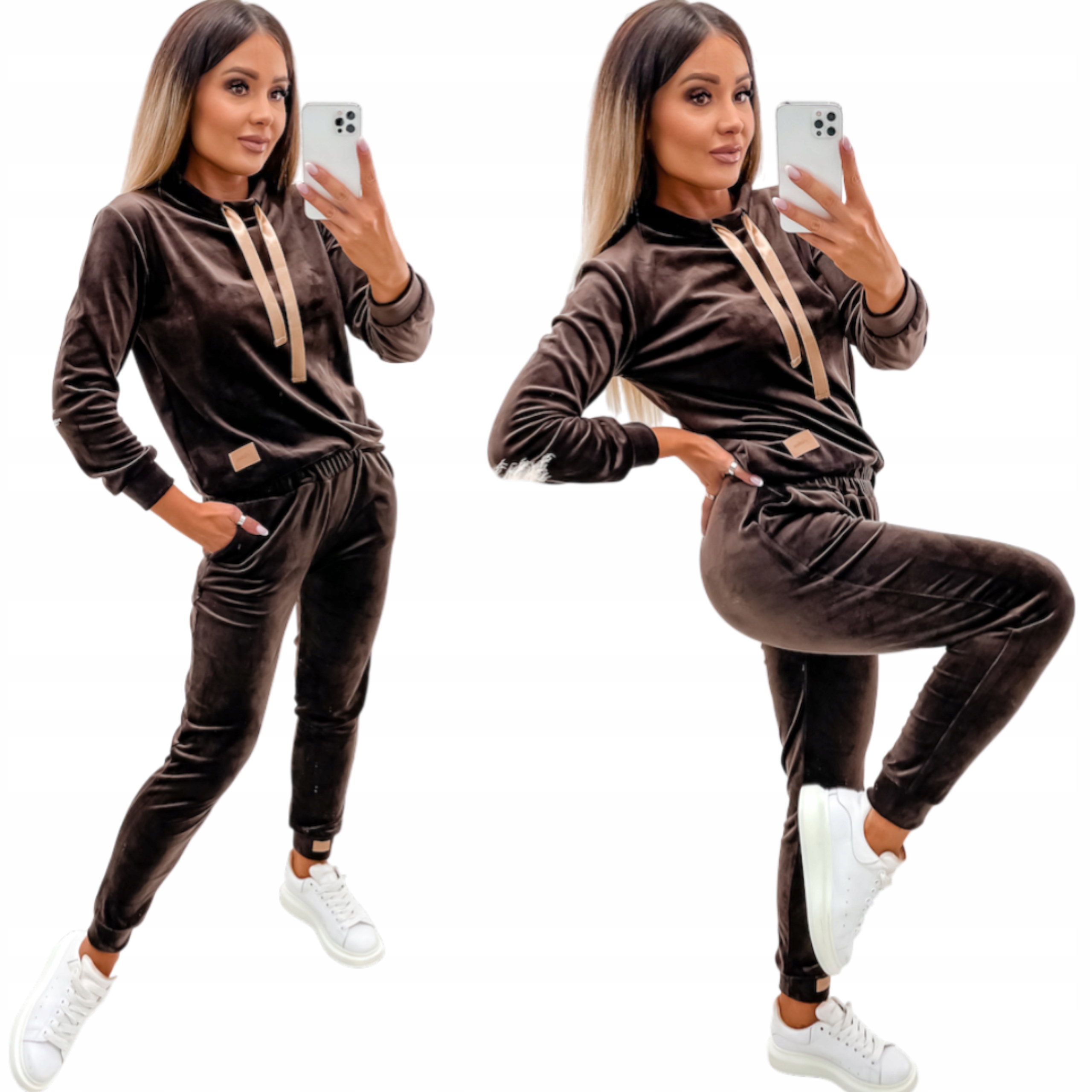 Dres Welurowy Damski Komplet Bluza Spodnie Velvet Premium Czekoladowy S