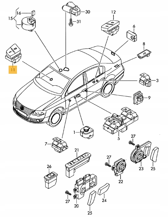 VW PASSAT B6 WŁĄCZNIK PRZYCISK BLOKADA ZAMKA DRZWI Typ samochodu Samochody osobowe