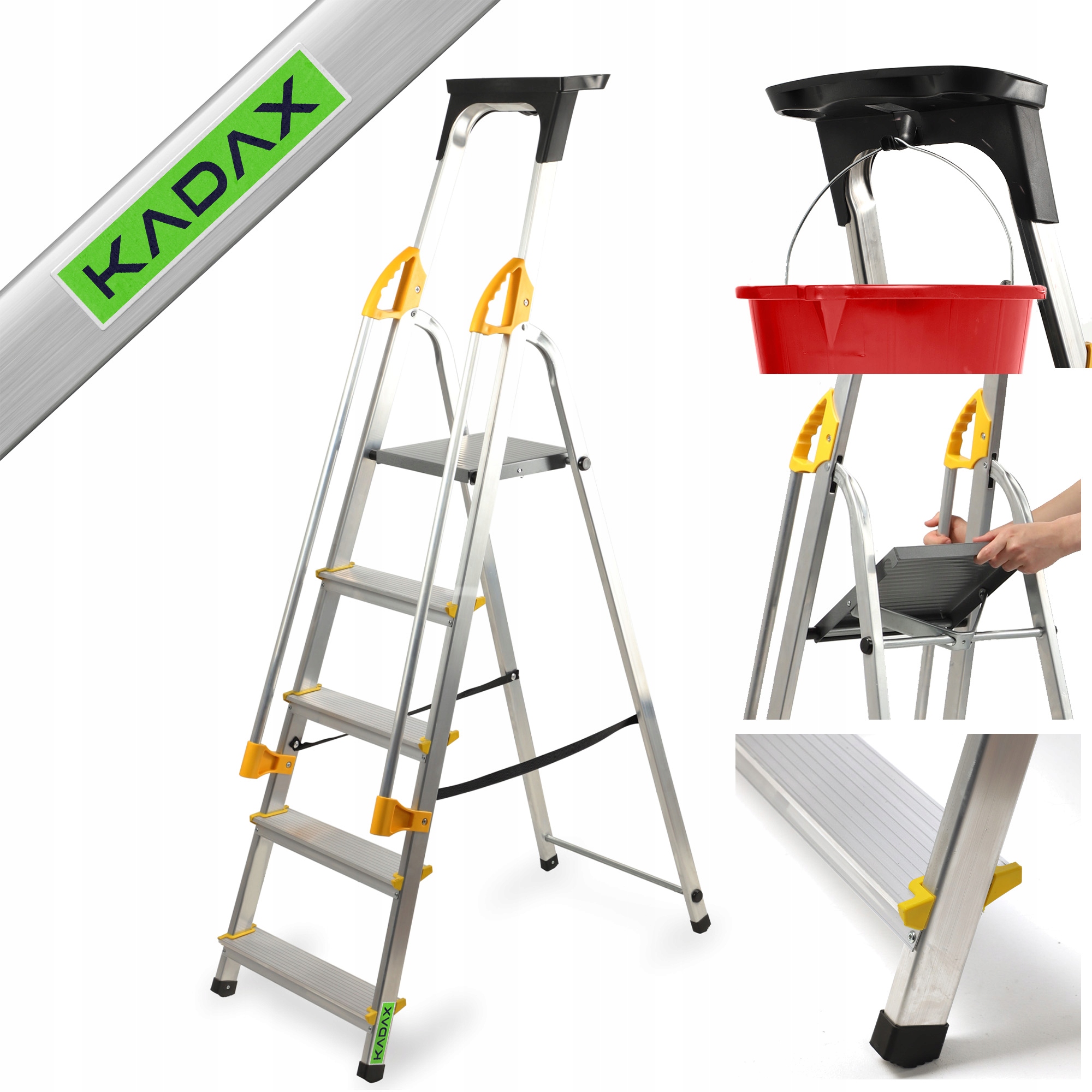 DRABINA DOMOWA ALUMINIOWA 5 STOPNIOWA SKŁADANA PÓŁKA + HAK + PORĘCZE