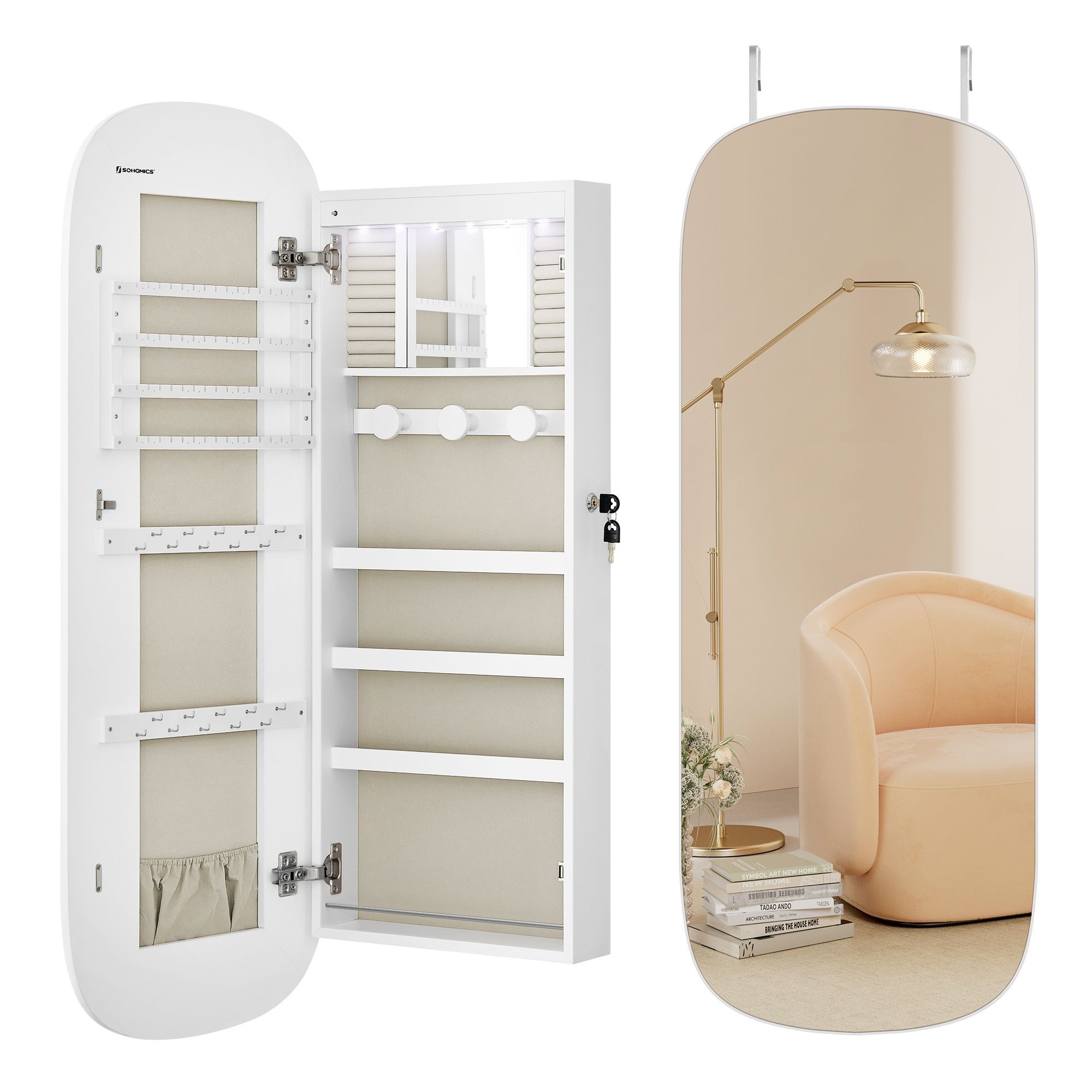 Závěsná skříňka na šperky s zaobleným zrcadlem a Led osvětlením, bílá