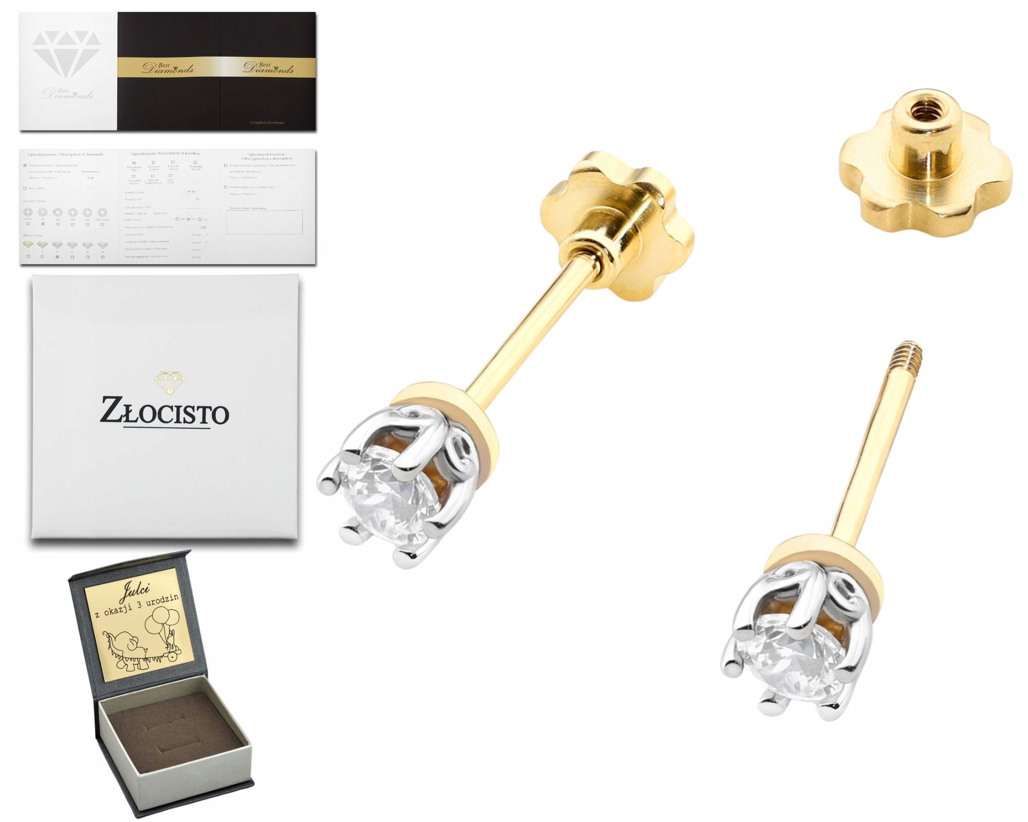 Zlaté Náušnice Klasické Šroubovací Tyčinky S Briliantem V Šesti Tlapkách