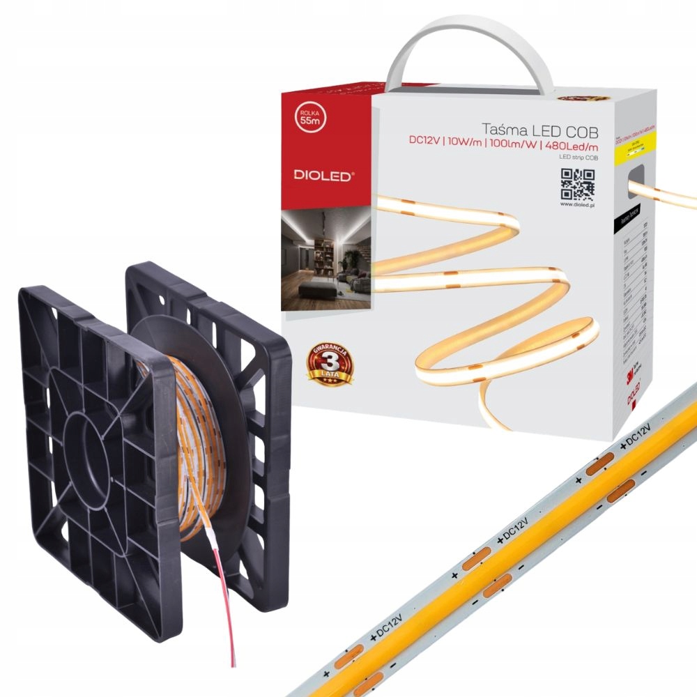 Taśma Led Cob ciepła 12V 55m 10W/m 1000lm/m 3000K 480LED/m IP20 bezpunktowa