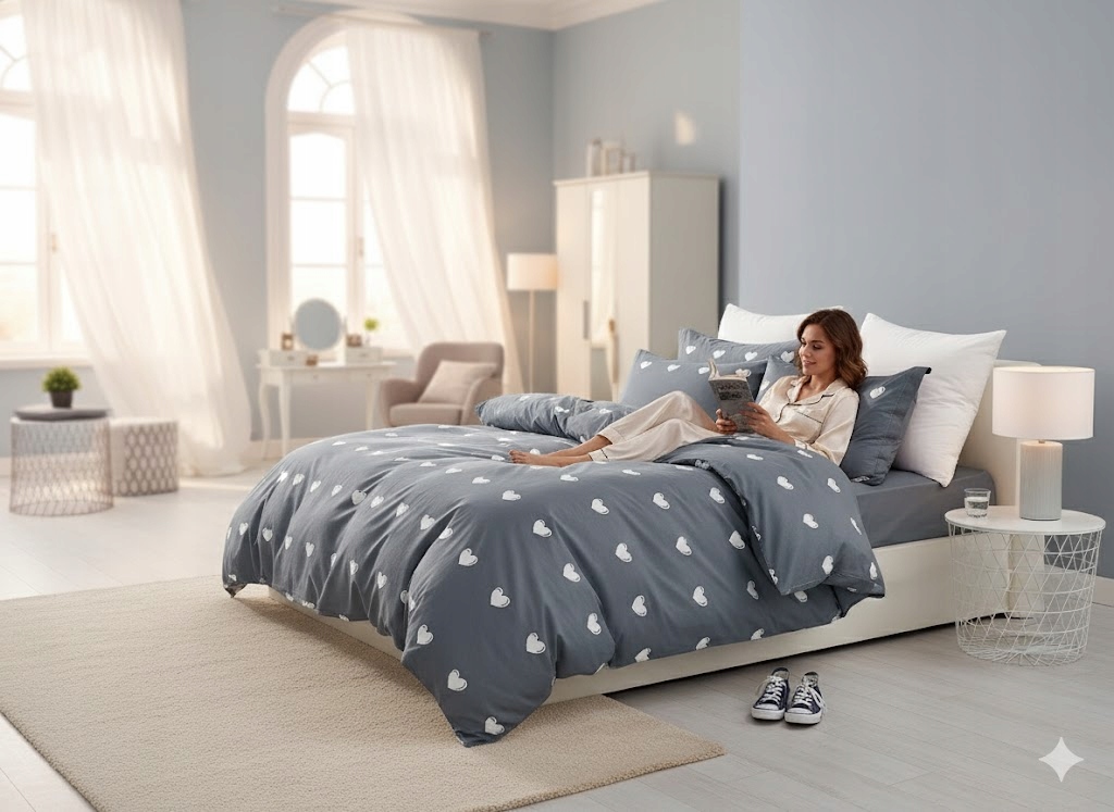 3dílná sada povlečení na peřinu s povlakem na polštář ze 100% bavlny šedé barvy s motivem srdce 220×200 cm