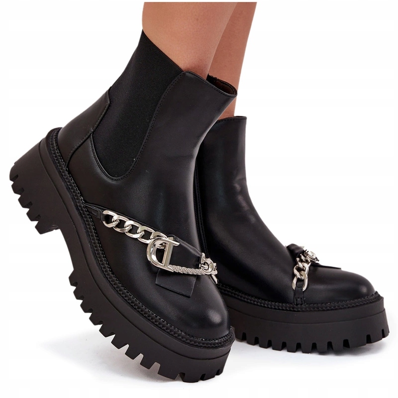 Dámské Kotníkové Boty Eko Kožené S Řetízkem A Ozdobou Na Platformě Černé 38
