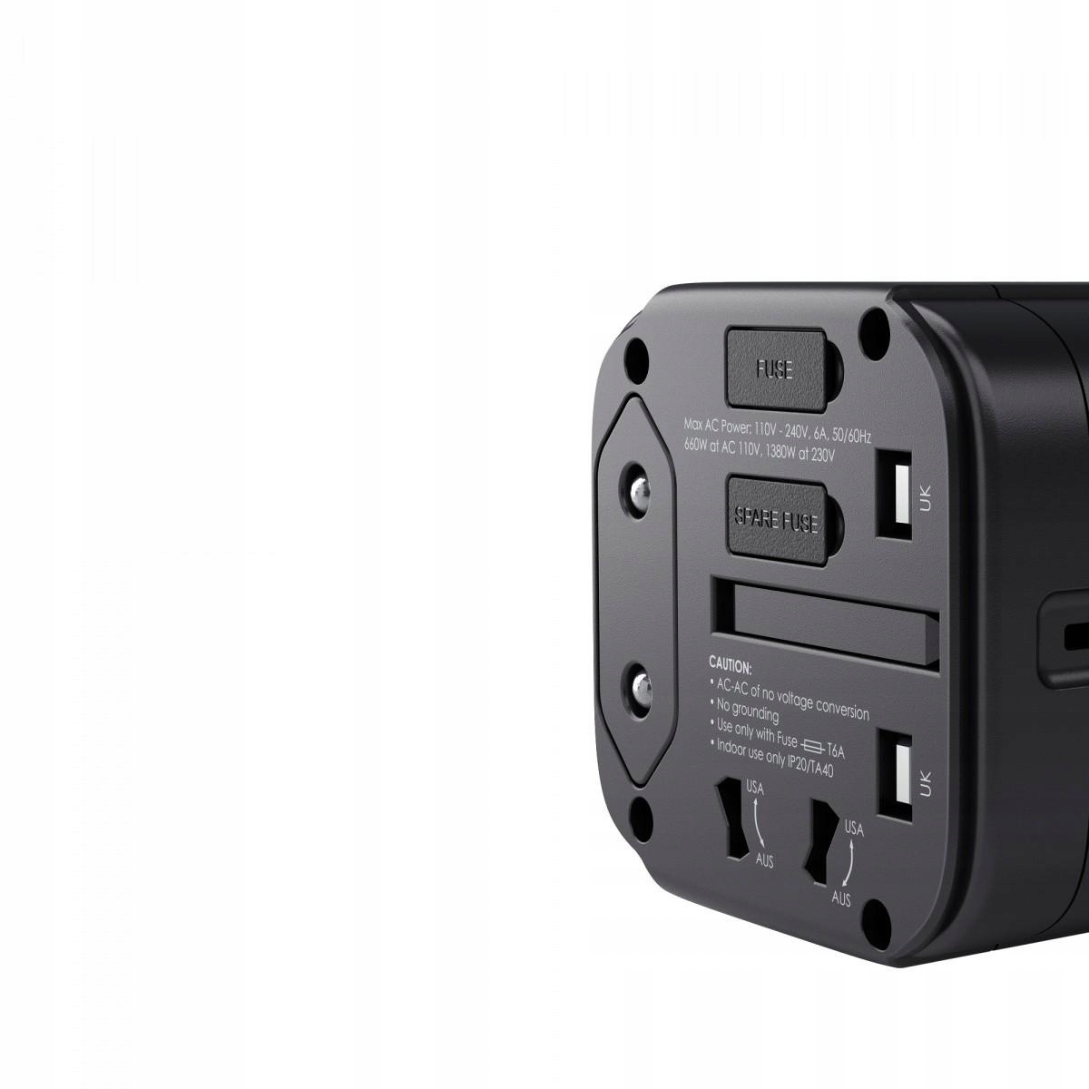PA-TA01 Black uniwersalny podróżny adapter sieciowy 2xUSB+1xUSB C 7.8A