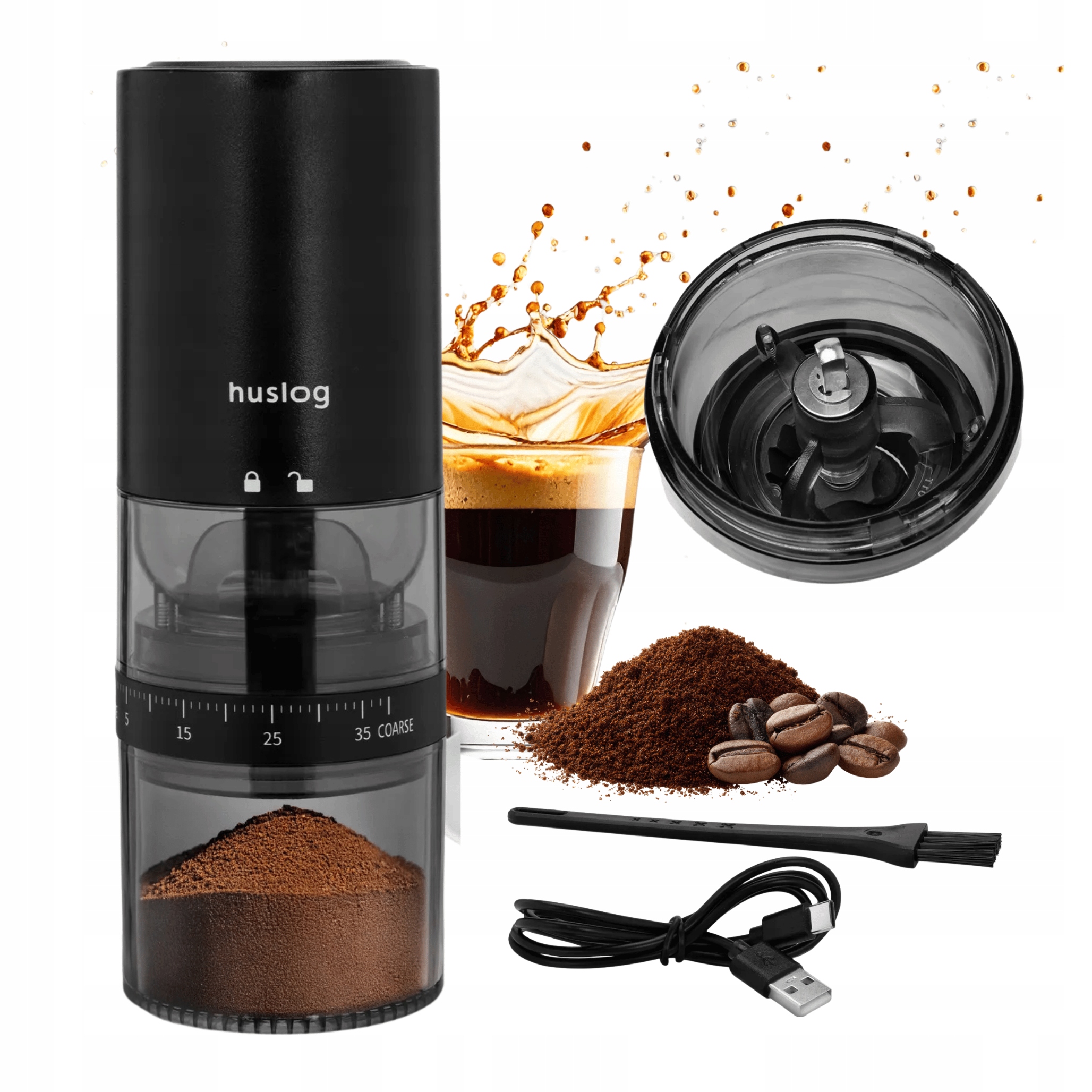 Młynek bezprzewodowy do mielenia kawy HUS1064 30W czarny Usb Żarnowy