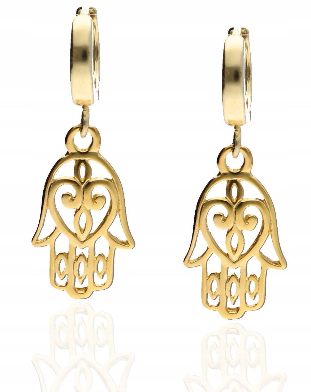 Závěsné zlaté náušnice ruka fatimy Hamsa na kolečkách stříbro 925 pozlacené