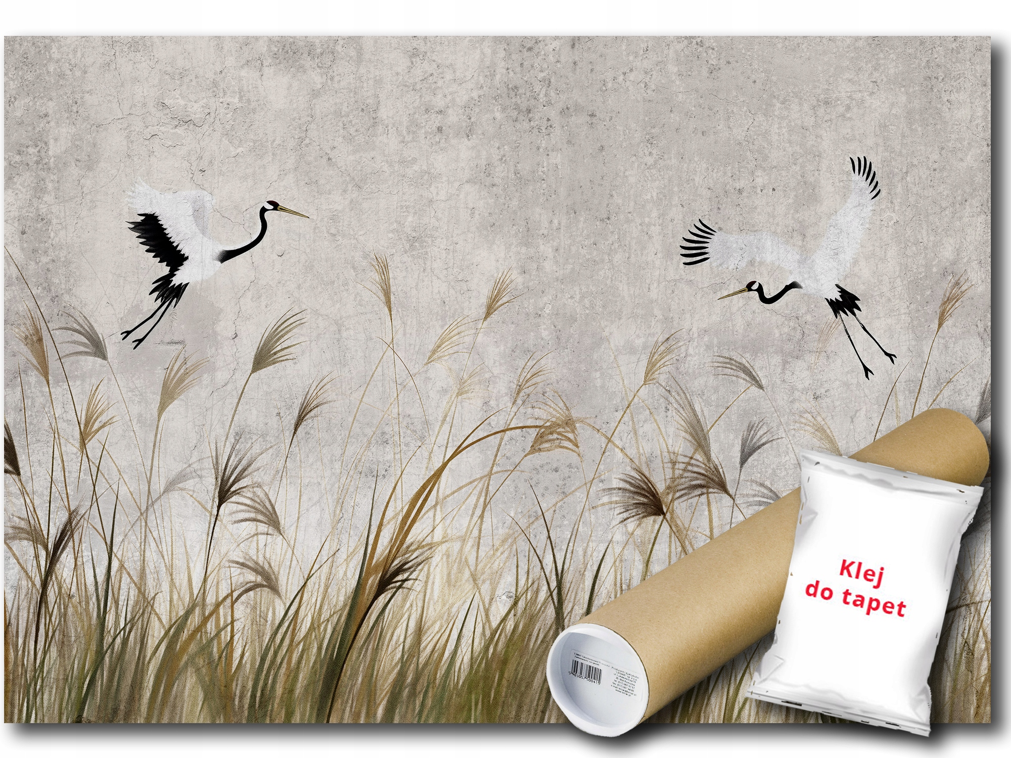 Vinylová Fototapeta Grafika Ptáci Jeřábi Tráva Struktura Beton 416x254