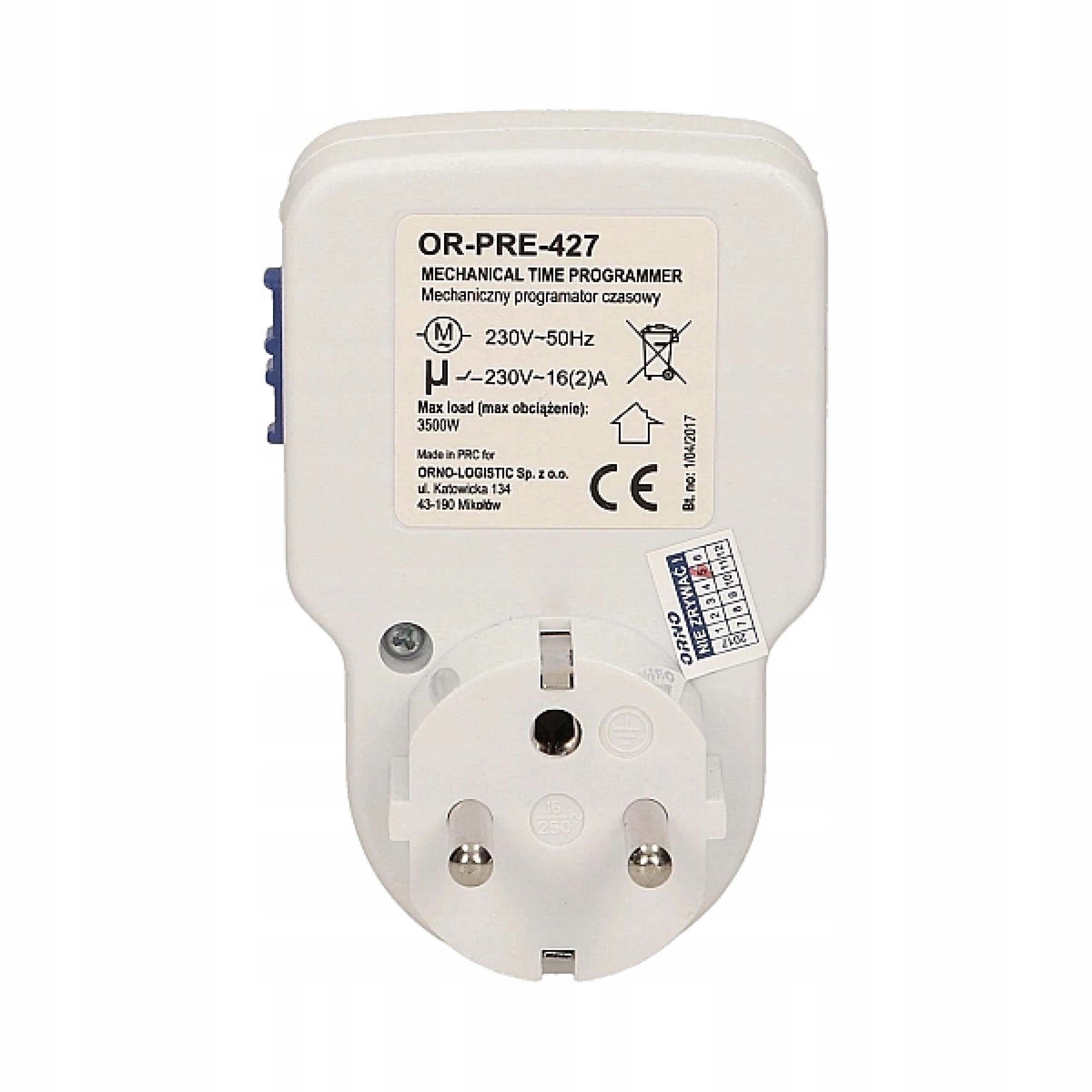 Mini Mechaniczny Programator Czasowy Analogowy Włącznik 24h 3500W Sieciowy EAN (GTIN) 5902560323061