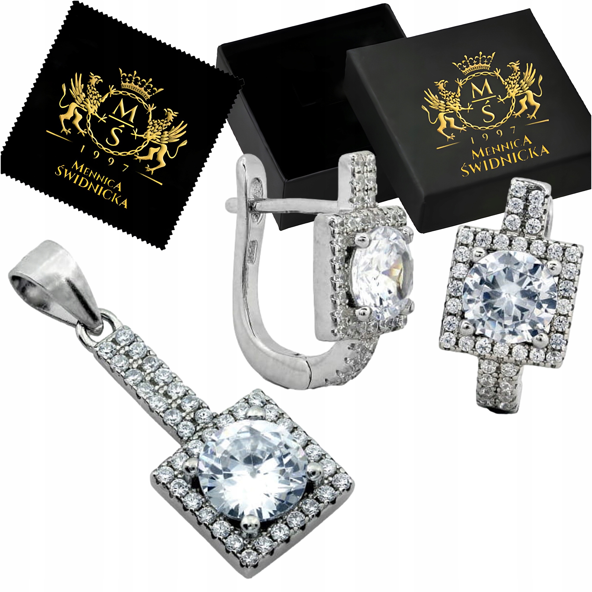 Sada šperků: Náušnice a přívěsek čtverce s kubickým zirkonem, Stříbro 925