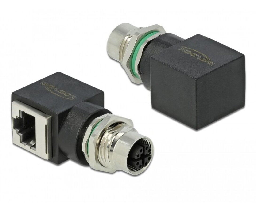 Adapter sieciowy M12 8pin X-coded żeński RJ-45 żeński kątowy Delock 66316