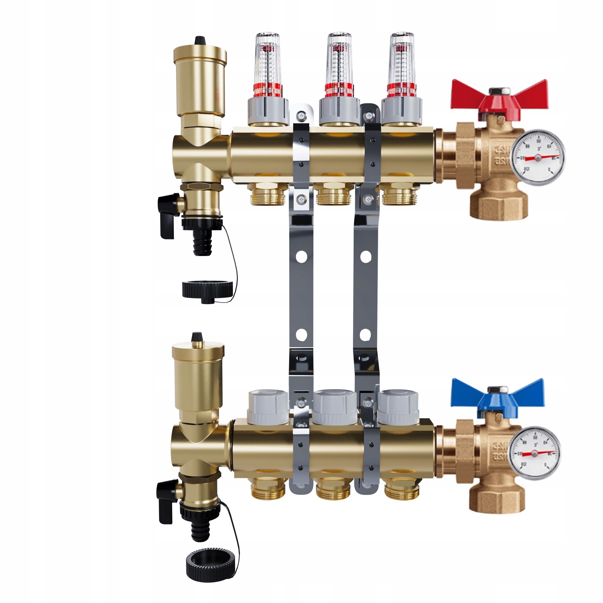 Rozdělovač mosazný Podlahovky 3 okruhů Kulové ventily Teploměr