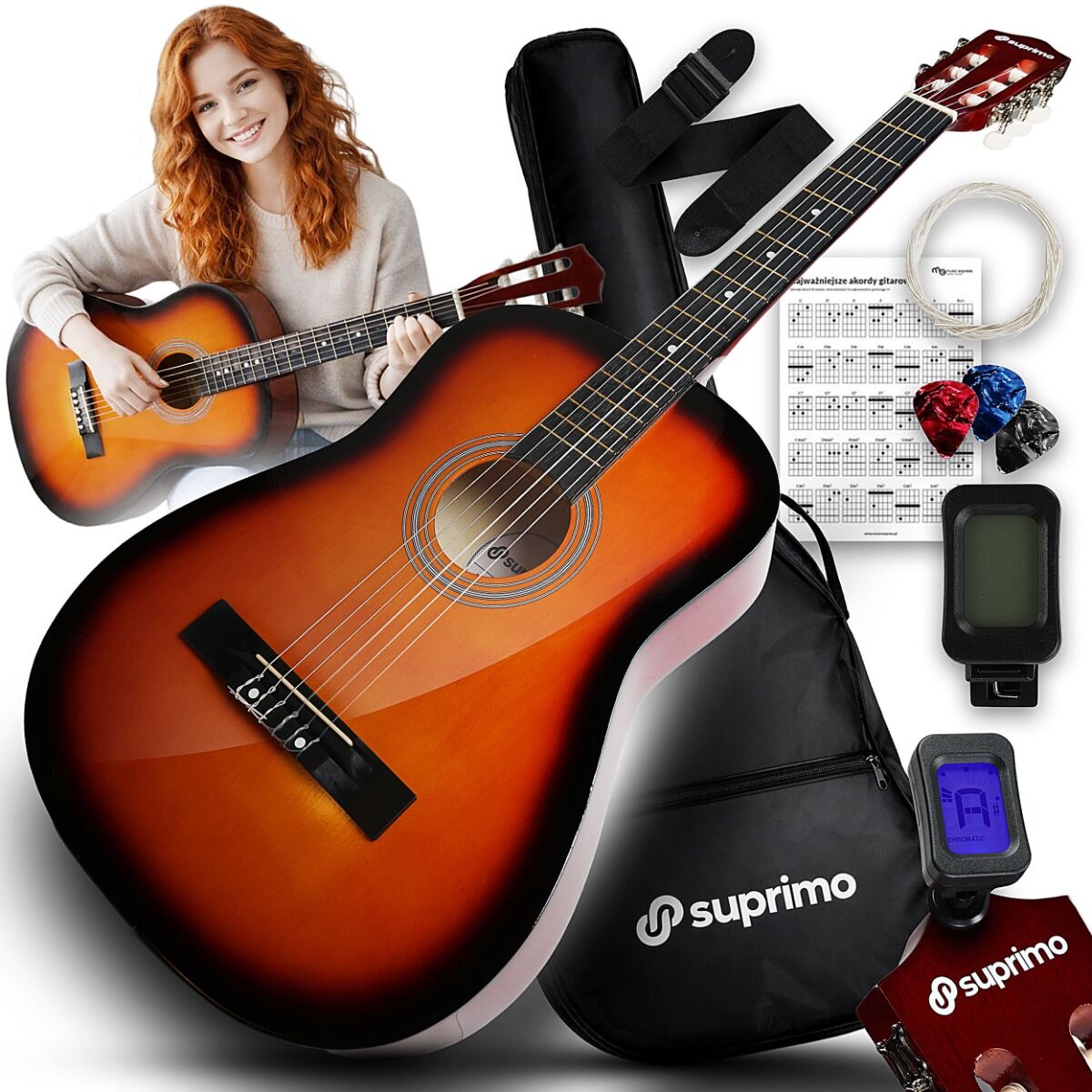 Gitara Klasyczna 4/4 Do Nauki Kostki Pasek Pokrowiec Struny Stroik Akordy
