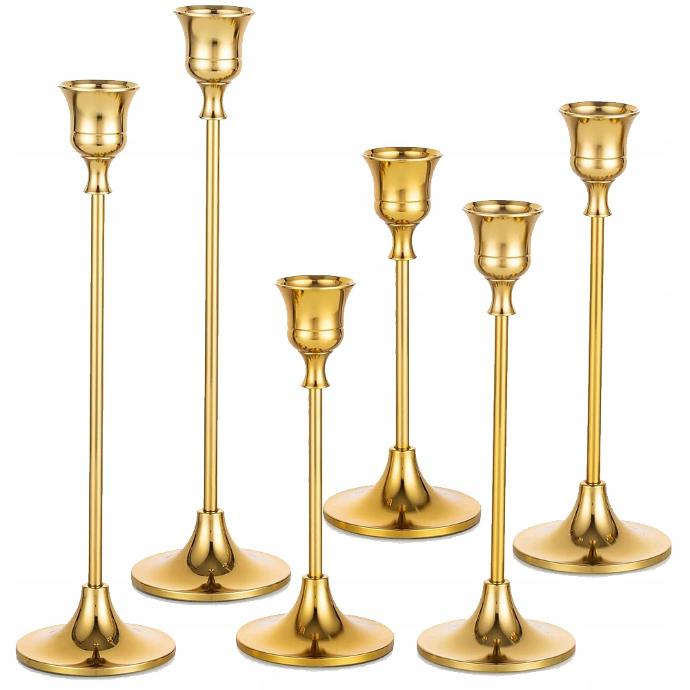 Zlaté kovové svícny 6 ks – elegantní set na stůl i do obývacího pokoje