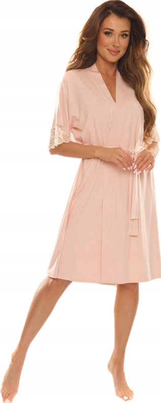 Szlafrok damski z koronką DE LAFENSE Beżowy M Rękaw krótki rękaw