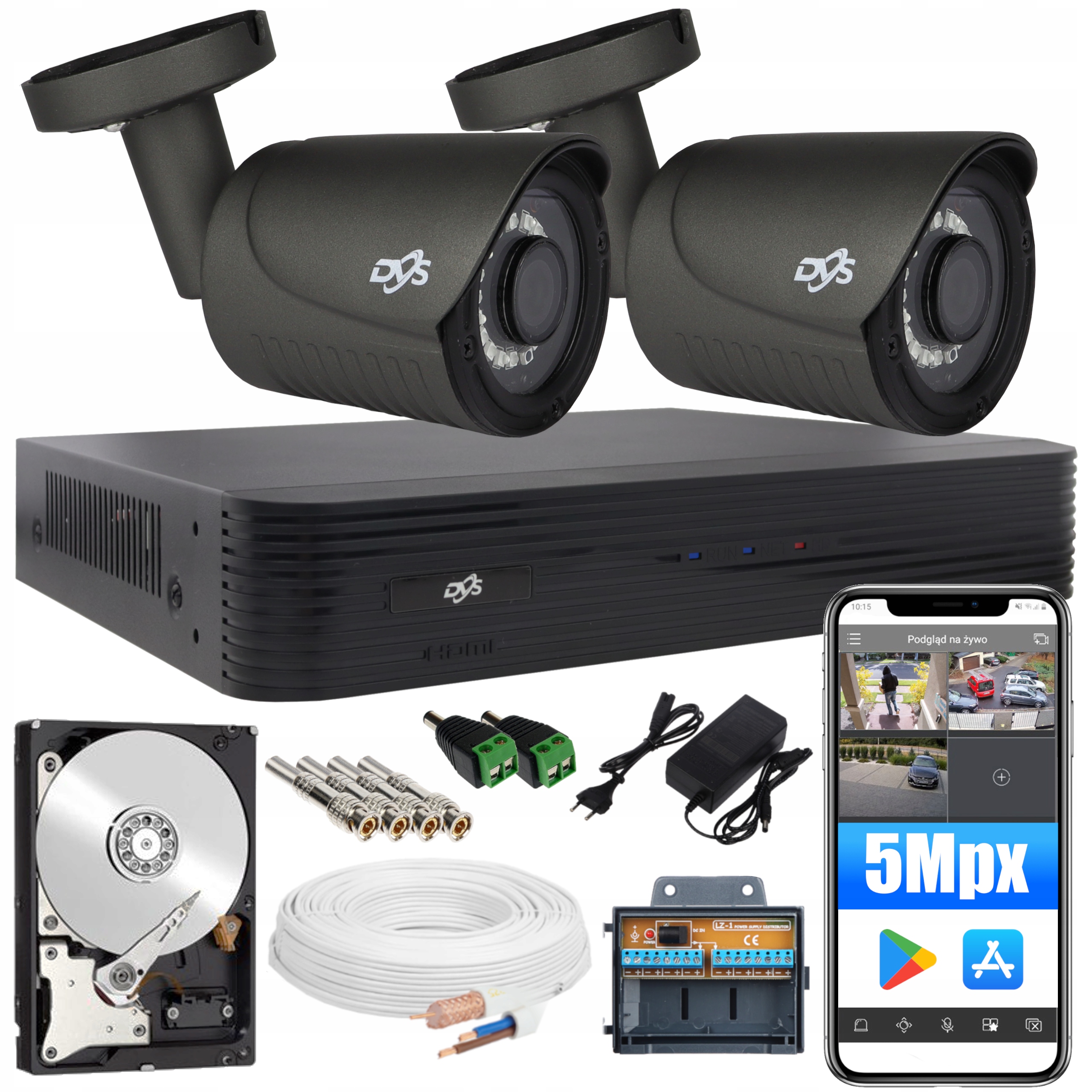 ZESTAW DO MONITORINGU 2 KAMERY 5MPX APLIKACJA DYSK