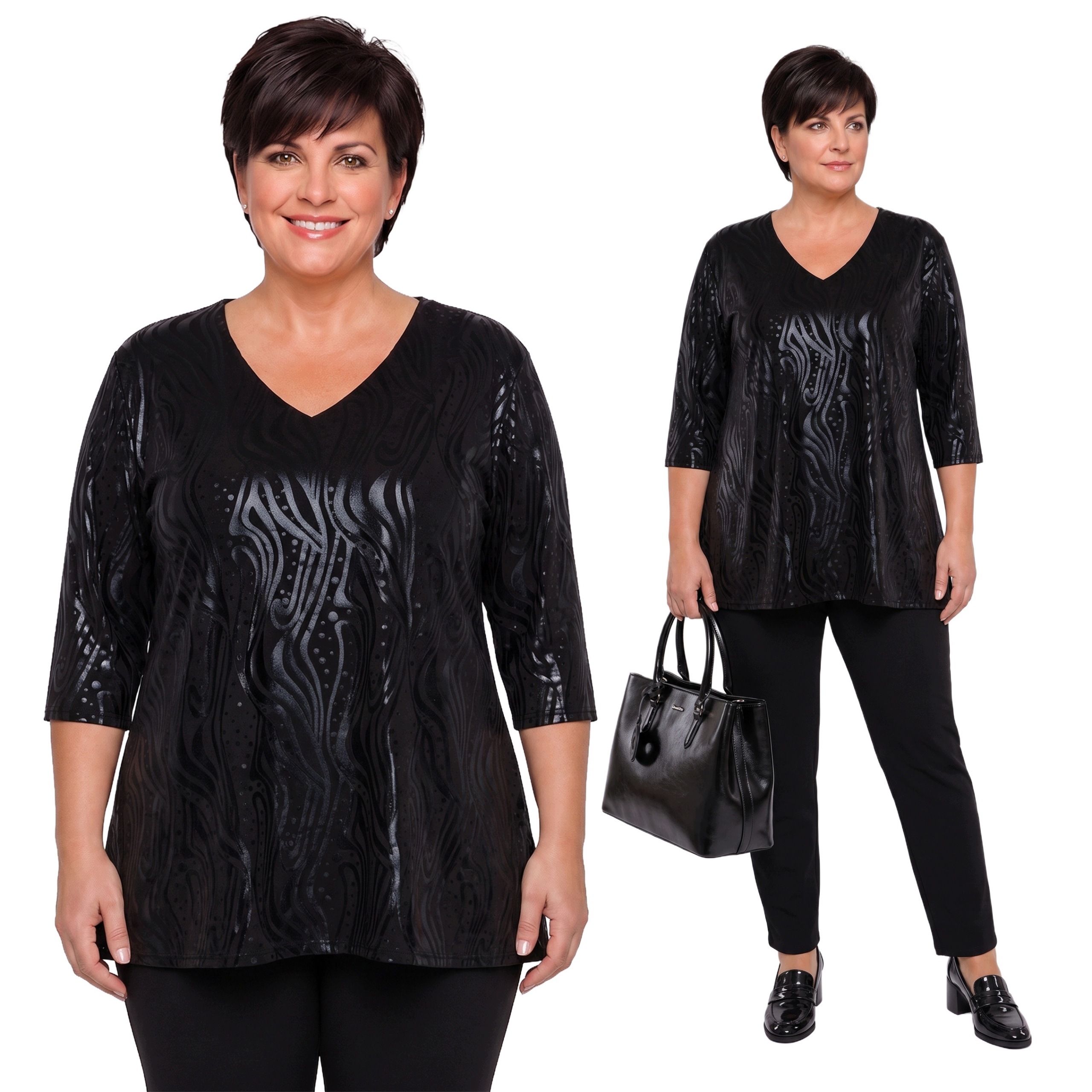 Černá halenka s lesklými vzory plus size velikost 56/58
