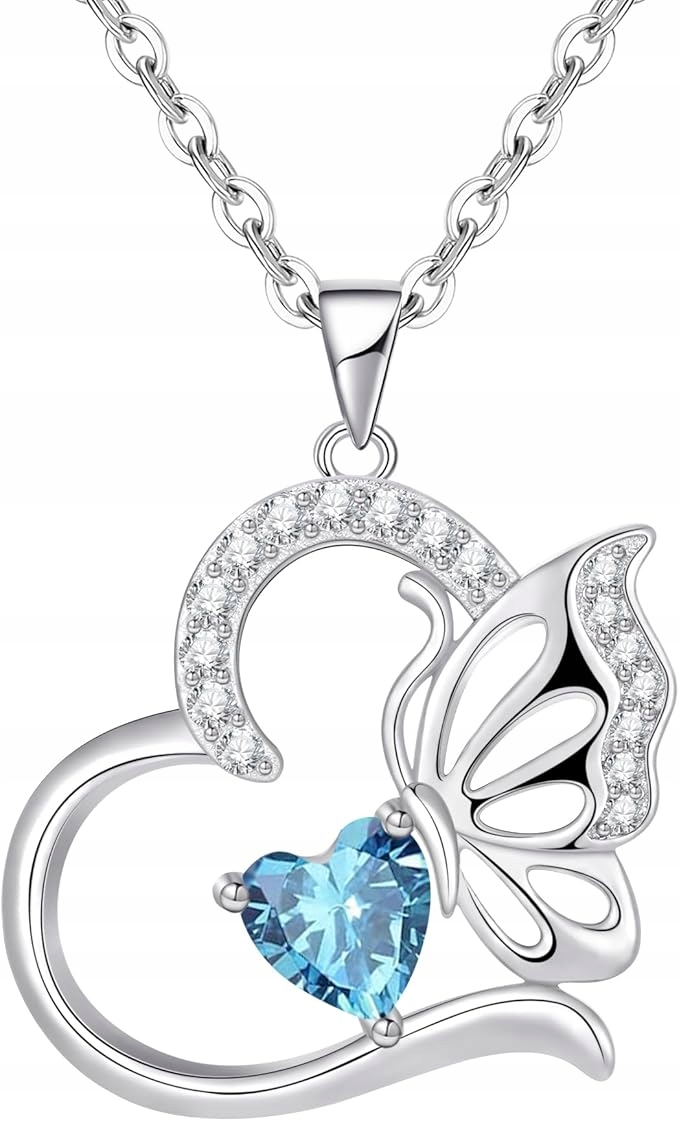 Stříbrný náhrdelník Srdce s motýlem 925 Zirkony Narozeninový kámen