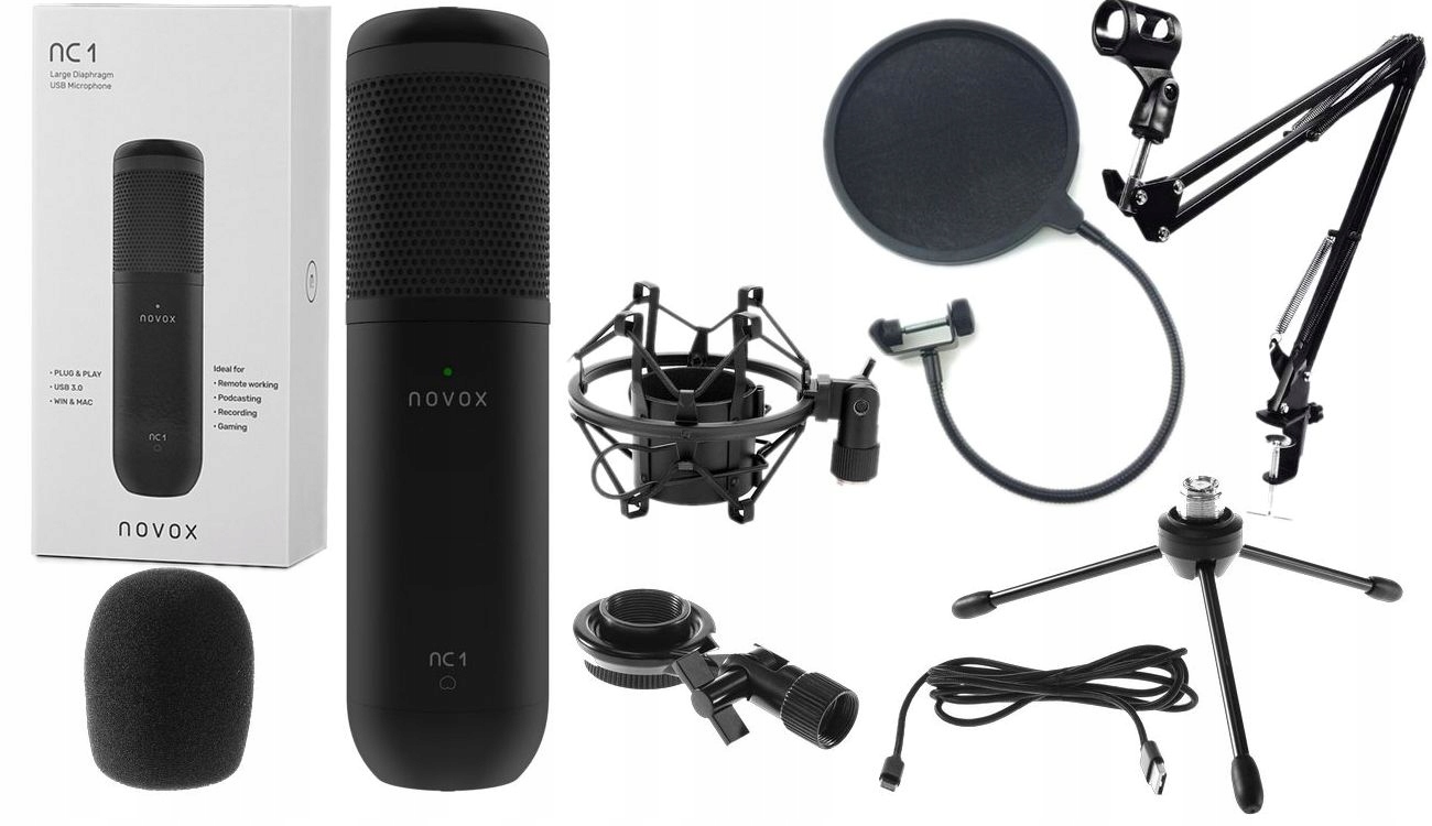 NOVOX NC-1 NC1 BLACK USB-C MIKROFON POJEMNOŚCIOWY + POP FILTR + RAMIĘ +KOSZ