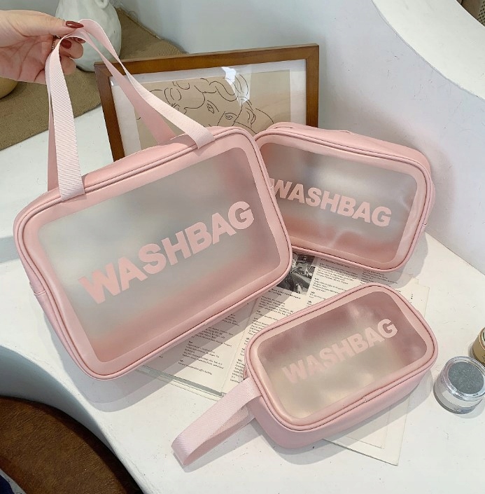 KOSMETYCZKA DAMSKA WODOODPORNA PODRÓŻNA RÓŻOWA PRZEZROCZYSTA ZESTAW X3 Zapięcie zamek