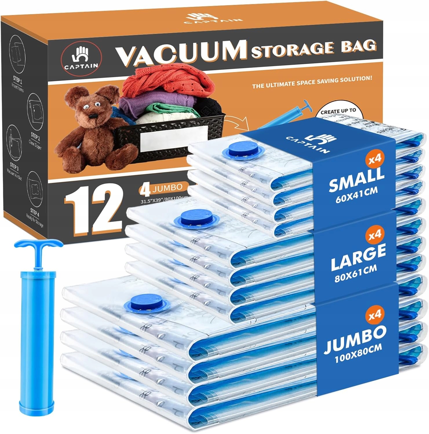 12 vakuových sáčků 3 velikosti, pumpička, ochrana před vlhkostí, hmyz, místo