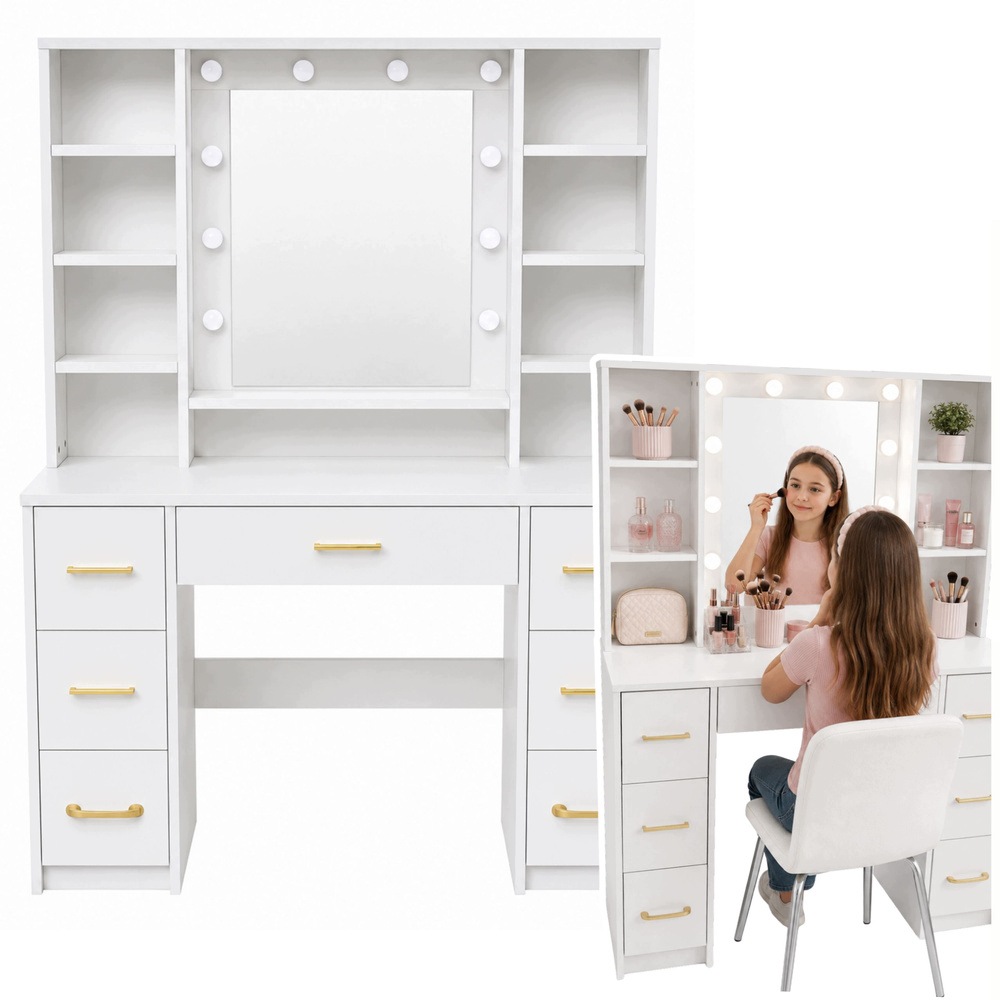 Duża toaletka kosmetyczna z lustrem Led 7 szuflad biała 140x100x40 cm