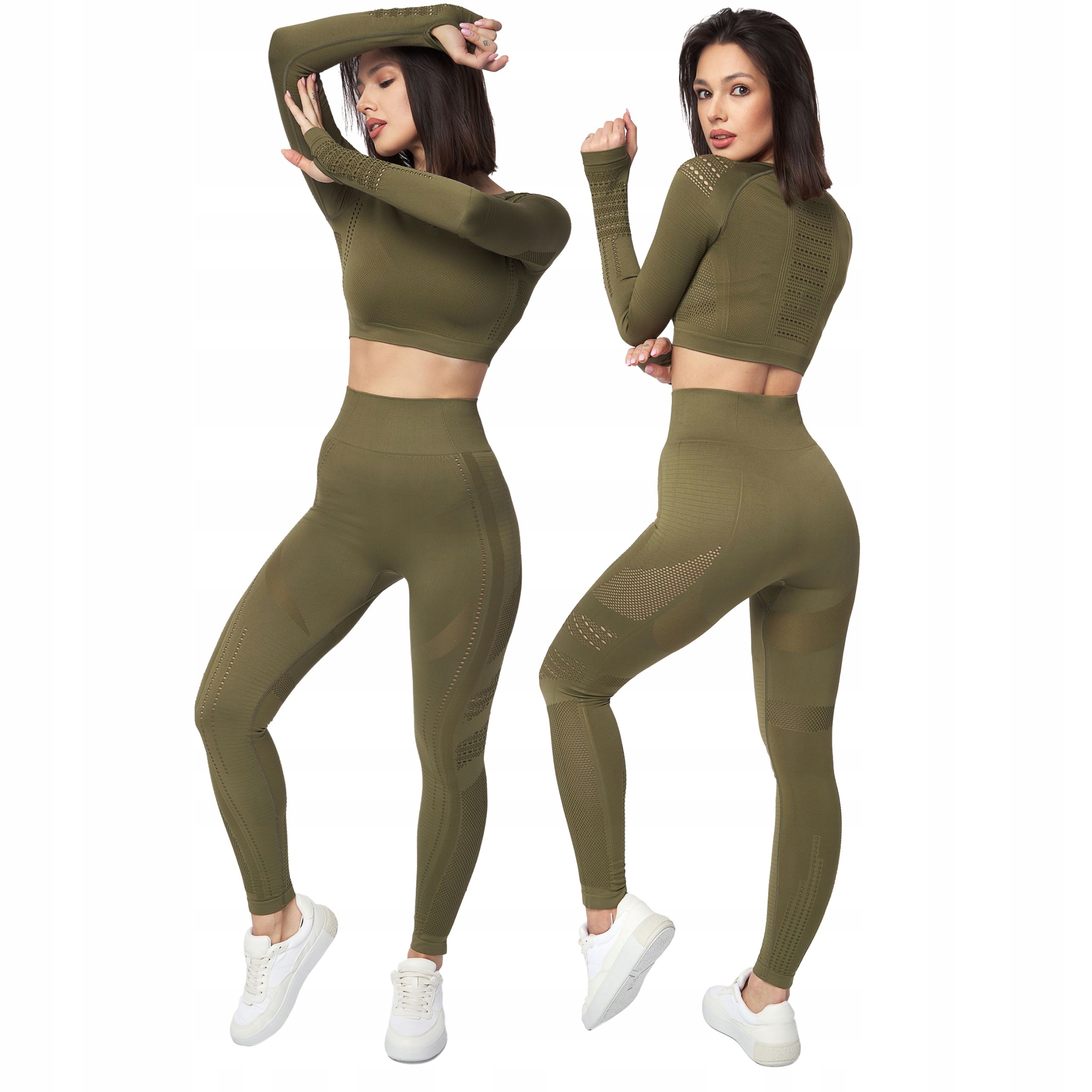Damski Zestaw Sportowy Crop Top Legginsy Khaki L
