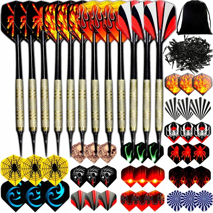 ZESTAW 12 RZUTEK DO DARTA 100 GROTÓW + 42 PIÓRKA RZUTKI DART GRA PALETKI