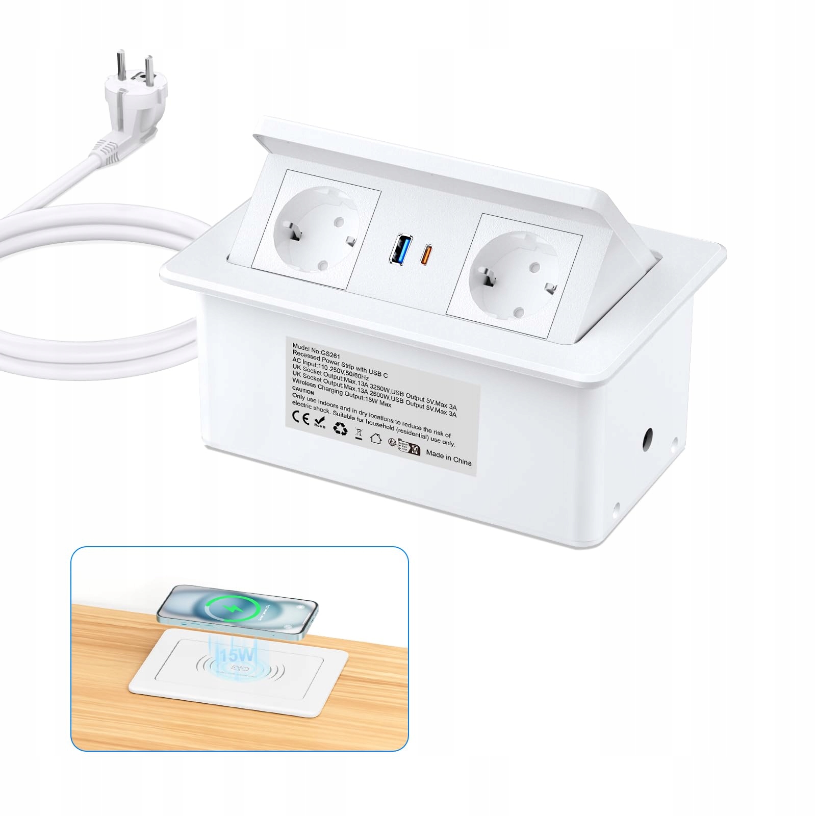 Listwa zasilająca Ohuo biały Usb C Pd 20W bezprzewodowa ładowarka 15W