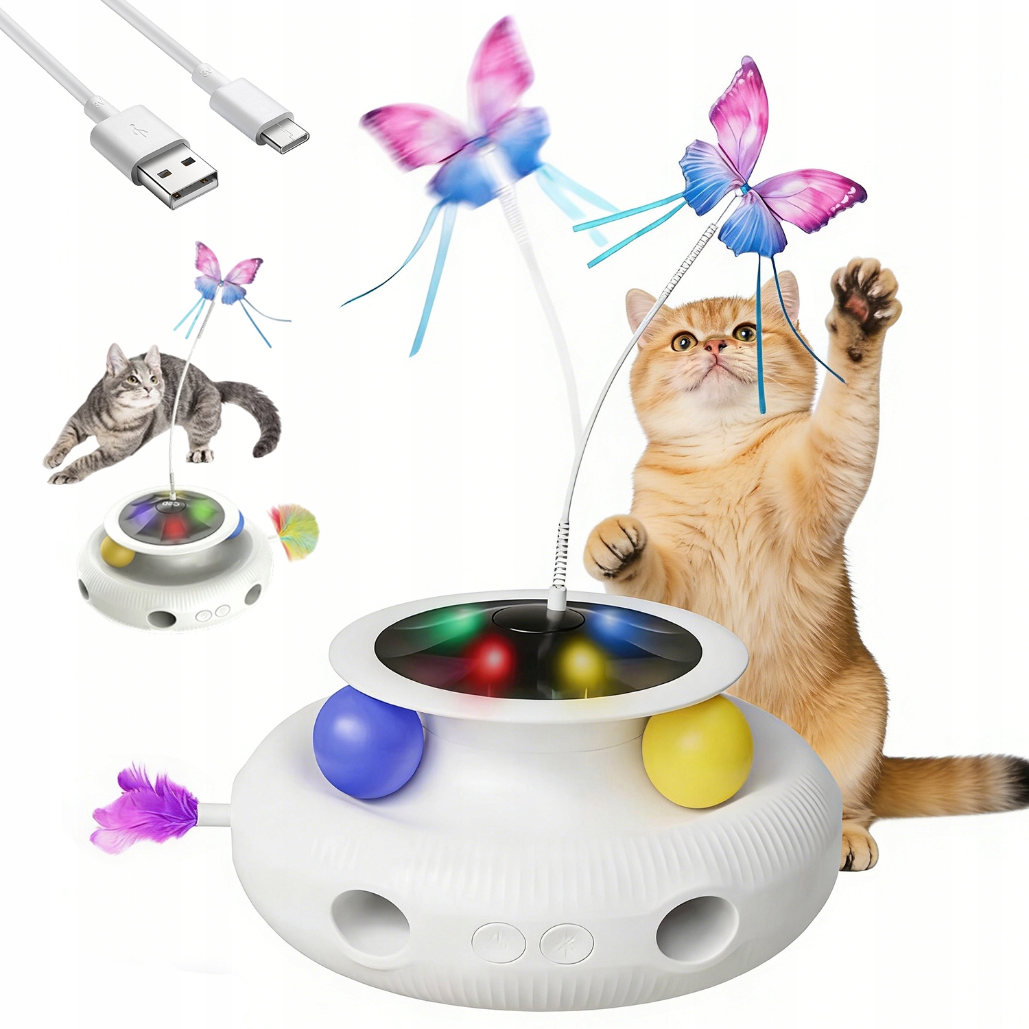 Levně 4V1 Automatická Interaktivní Hračka Pro Kočky S Perem Míč Usb Motýl