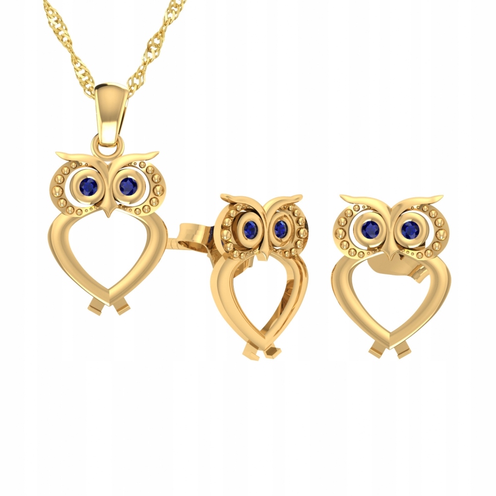 ZŁOTY KOMPLET SOWY SÓWKI SOWA Z SZAFIRAMI PR. 585