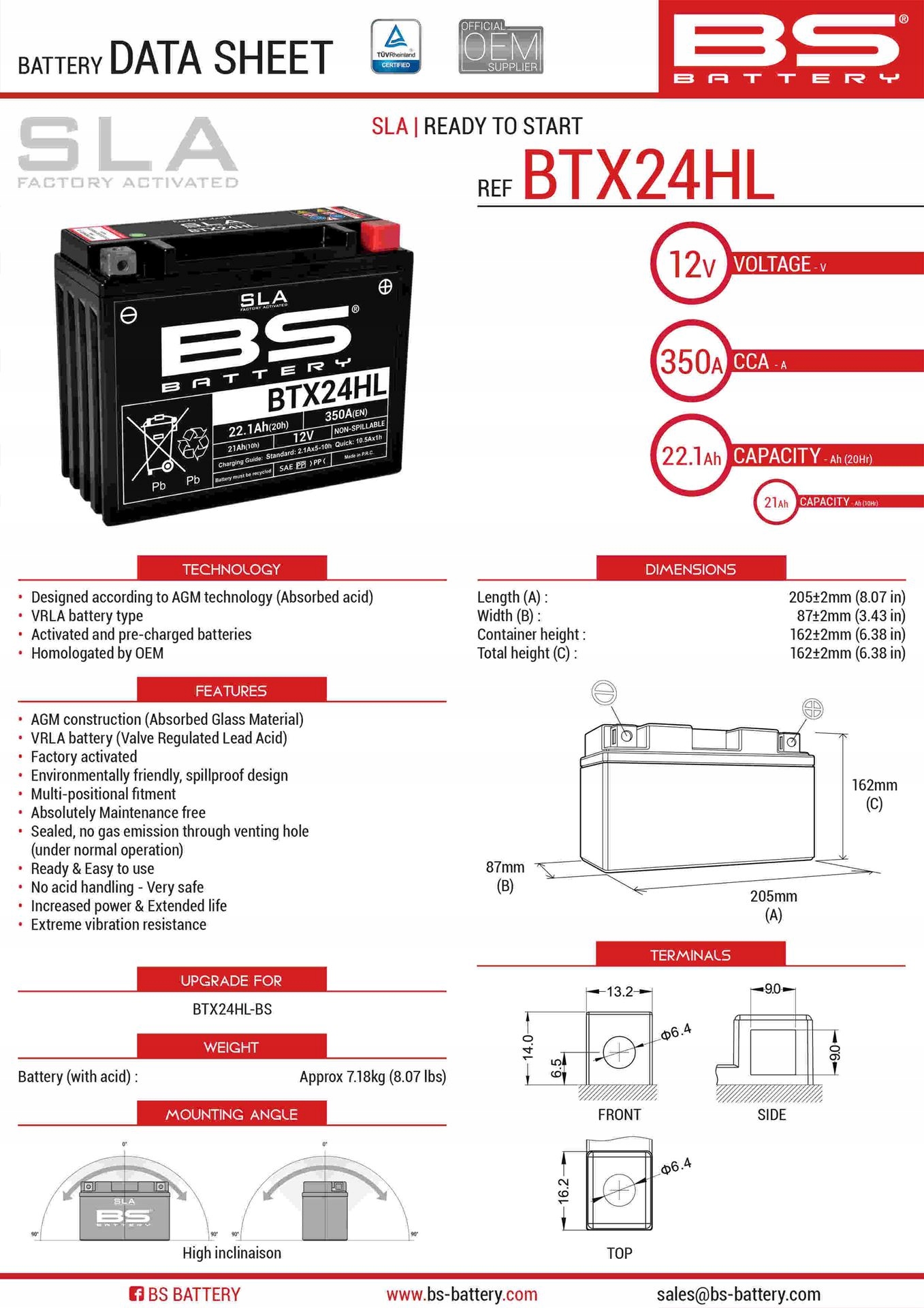 Bs Batéria BTX24HL (fa) (YTX24HL-BS) 12V 21AH 205X87X162 Bezobs Lužový
