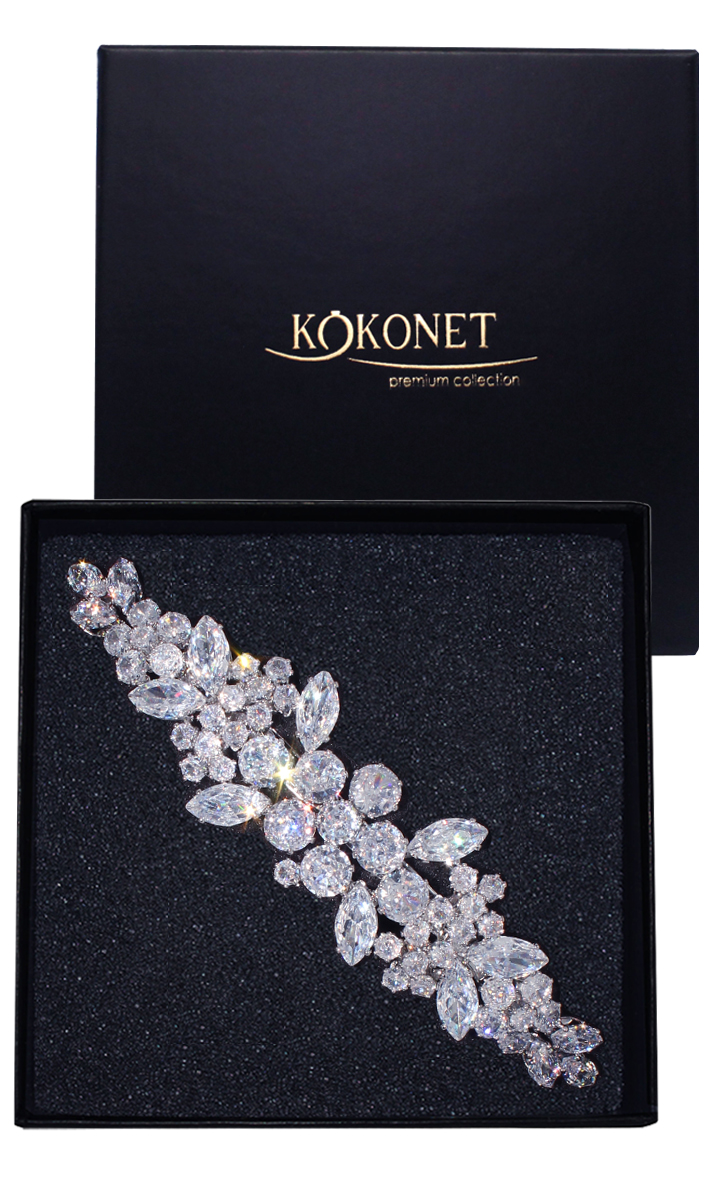 Elegantní stříbrná svatební sponka s lístky a zábleskem Glam boho motiv rostlin