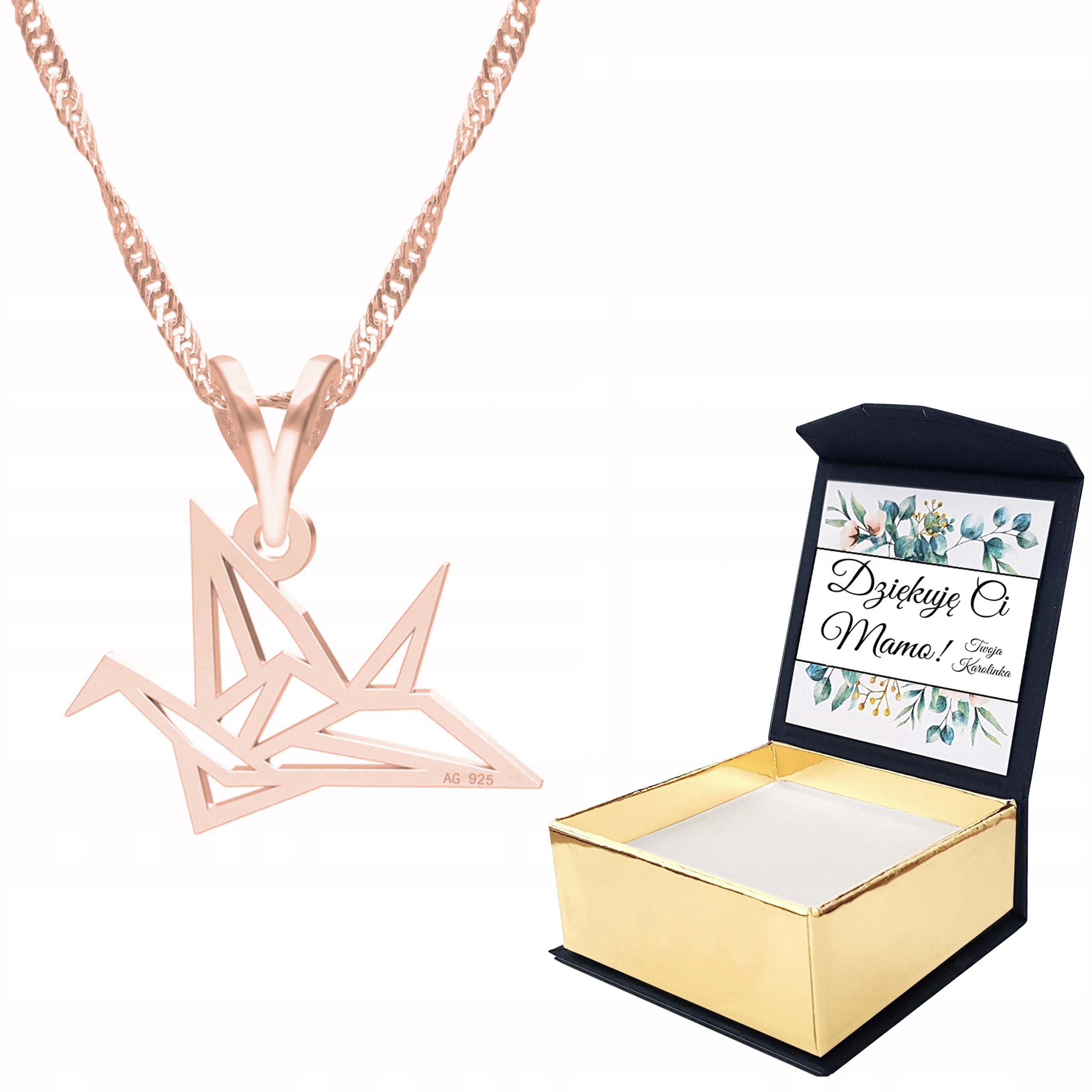 Náhrdelník růžové zlato Pták Origami Vlastní Potisk
