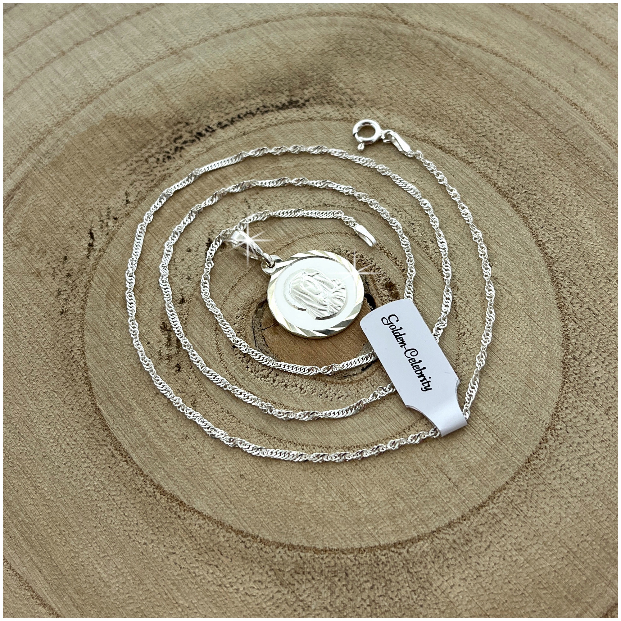 SREBRNY ŁAŃCUSZEK SINGAPUR + MEDALIK PASYJKA 925 MATKA BOSKA MADONNA GRAWER Marka Golden Celebrity