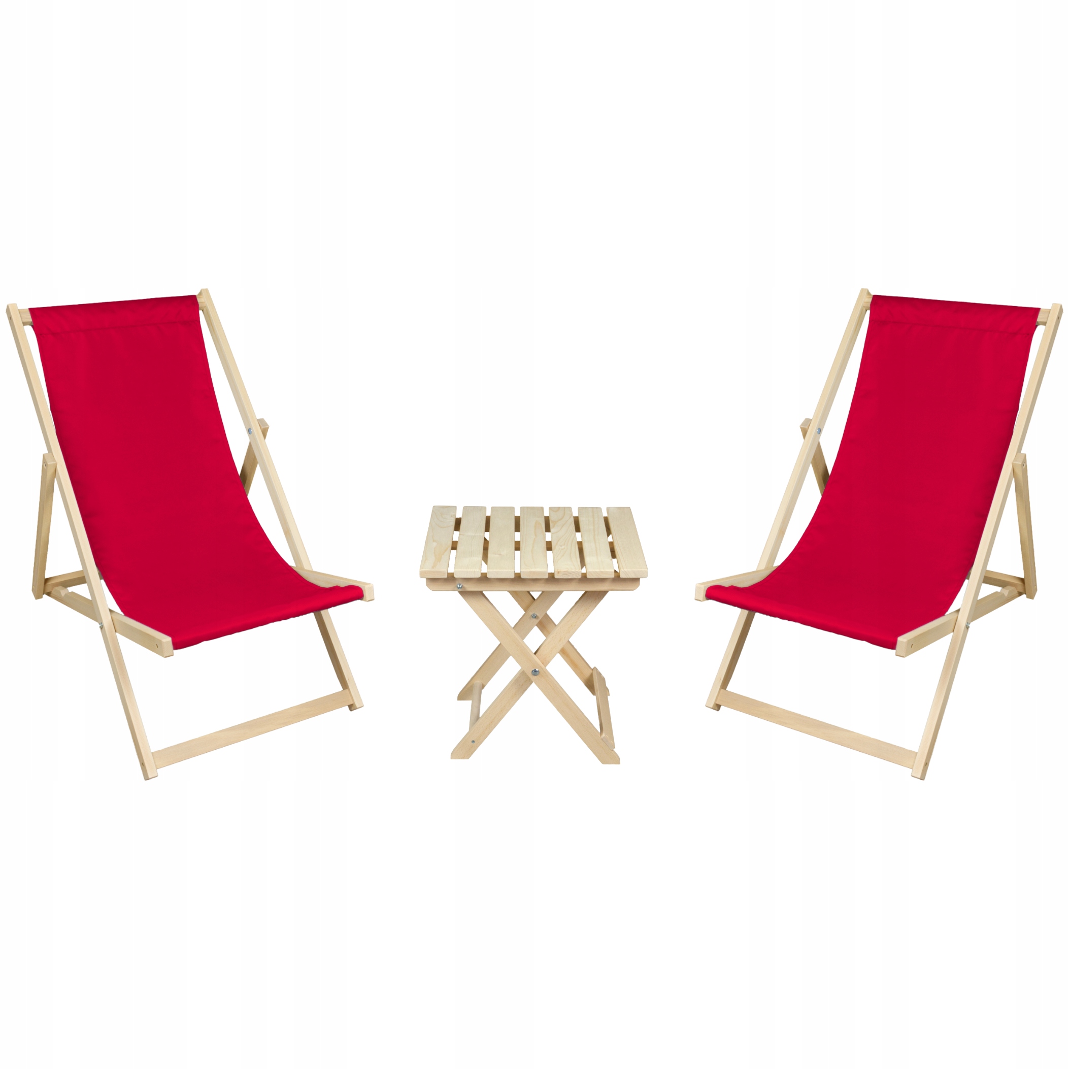 Stolik Składany 2 Czerwone Leżaki Drewniane