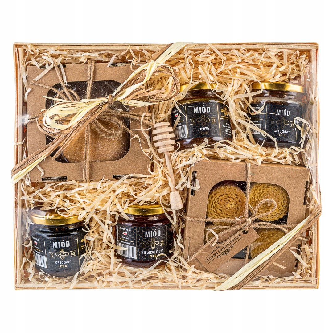 

Duży Kosz Prezentowy podziękowania zestaw miodów