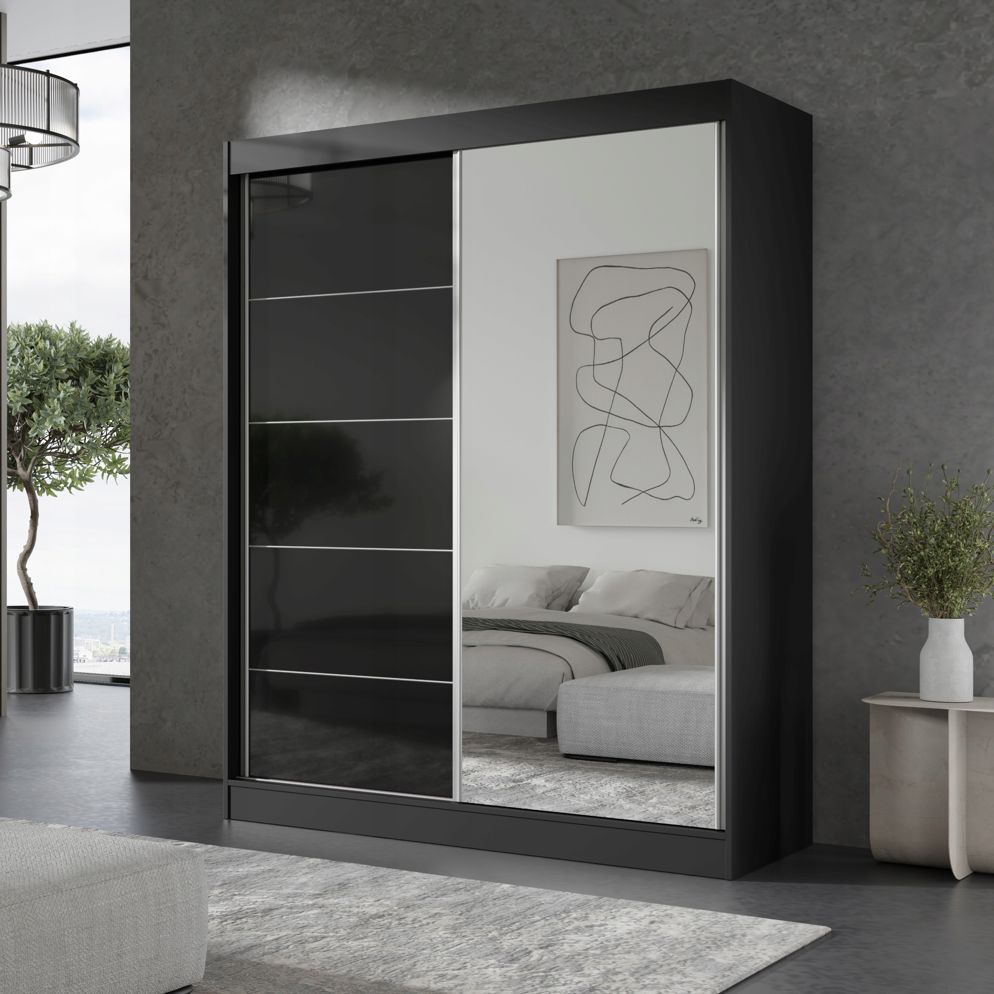 Szafa przesuwna z lustrem Como 2D1L 150 Czarna (lacobel)