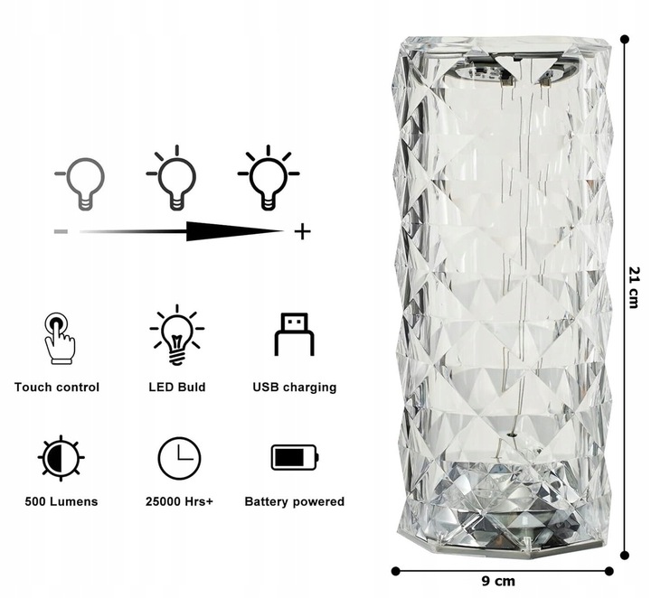 LAMPA KRYSZTAŁOWA LED WIELOKOLOROWA LAMPKA NOCNA DOTYKOWA AKUMULATOR Marka RGR