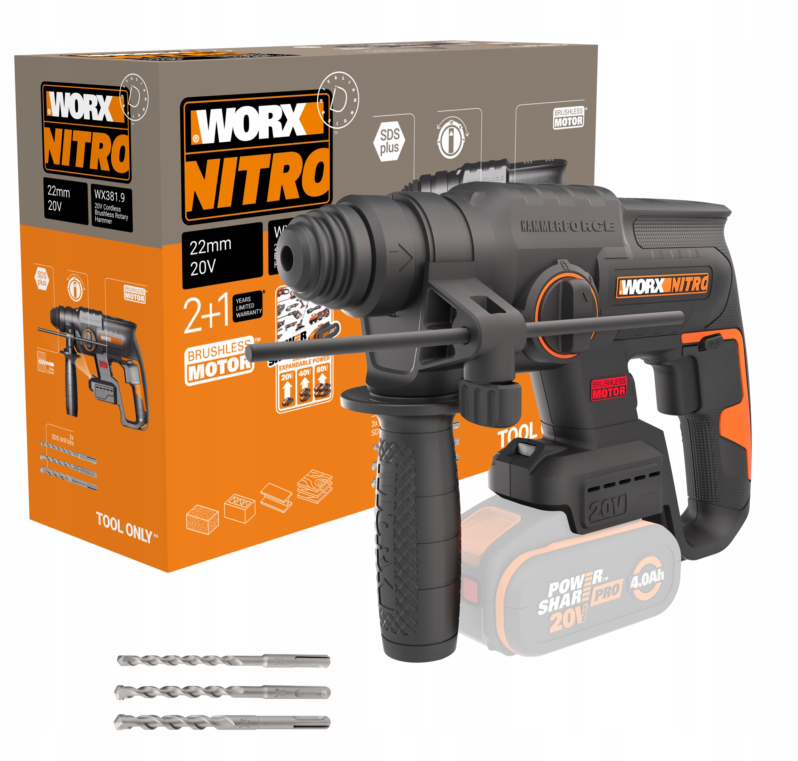 

Młotowiertarka Worx WX381.9 Bezszczotkowa 20V 2.0J